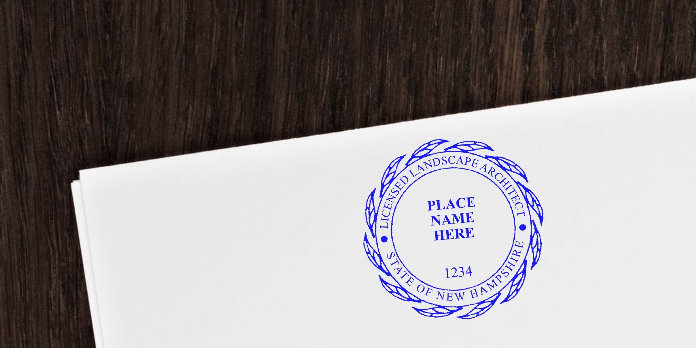 New Hampshire landscape architect stamp on white paper for certification, showing common stamp replacement errors.