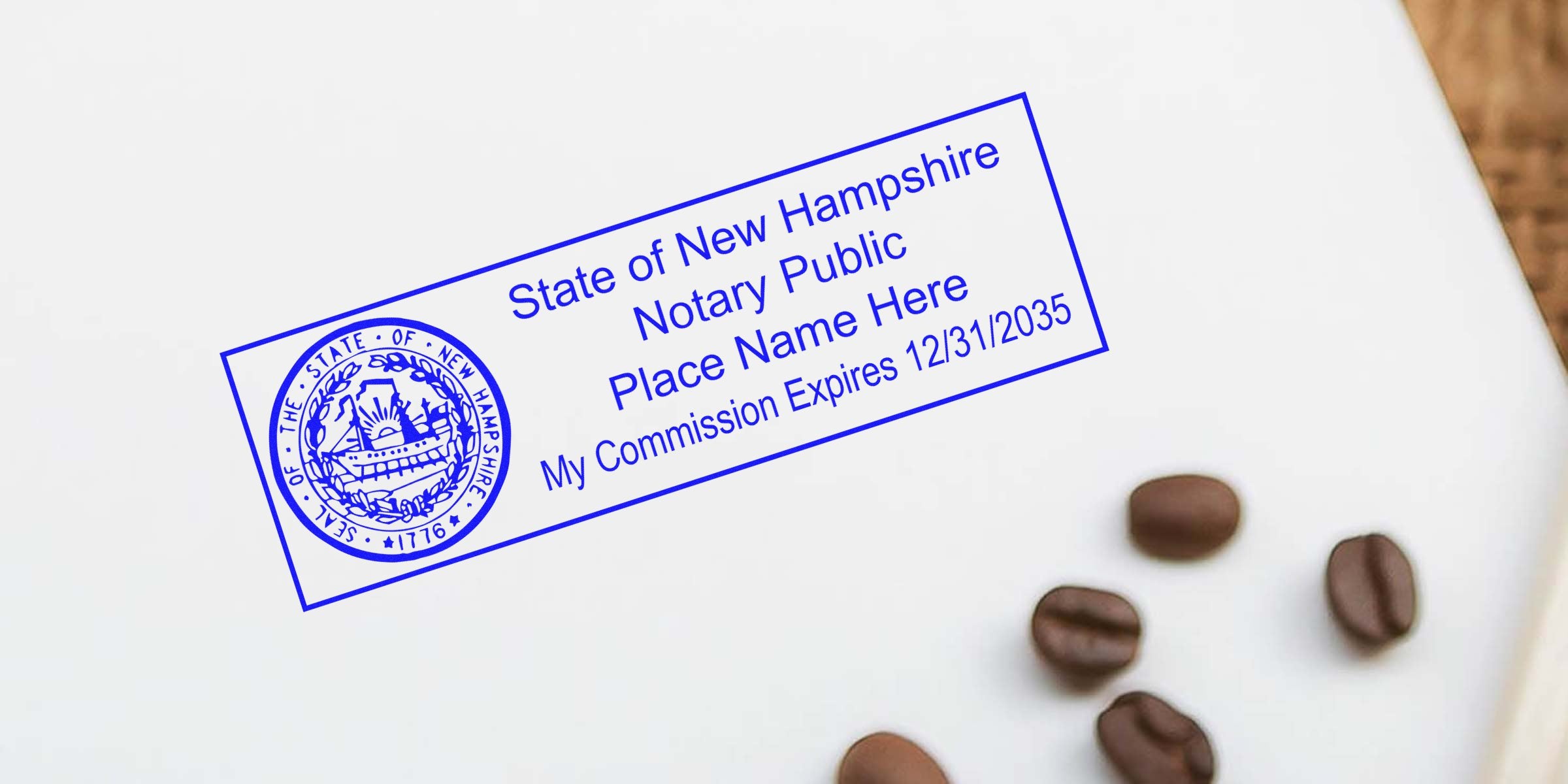 New Hampshire notary public stamp on white paper with commission expiration date, surrounded by coffee beans, showing use of New Hampshire notary supplies.