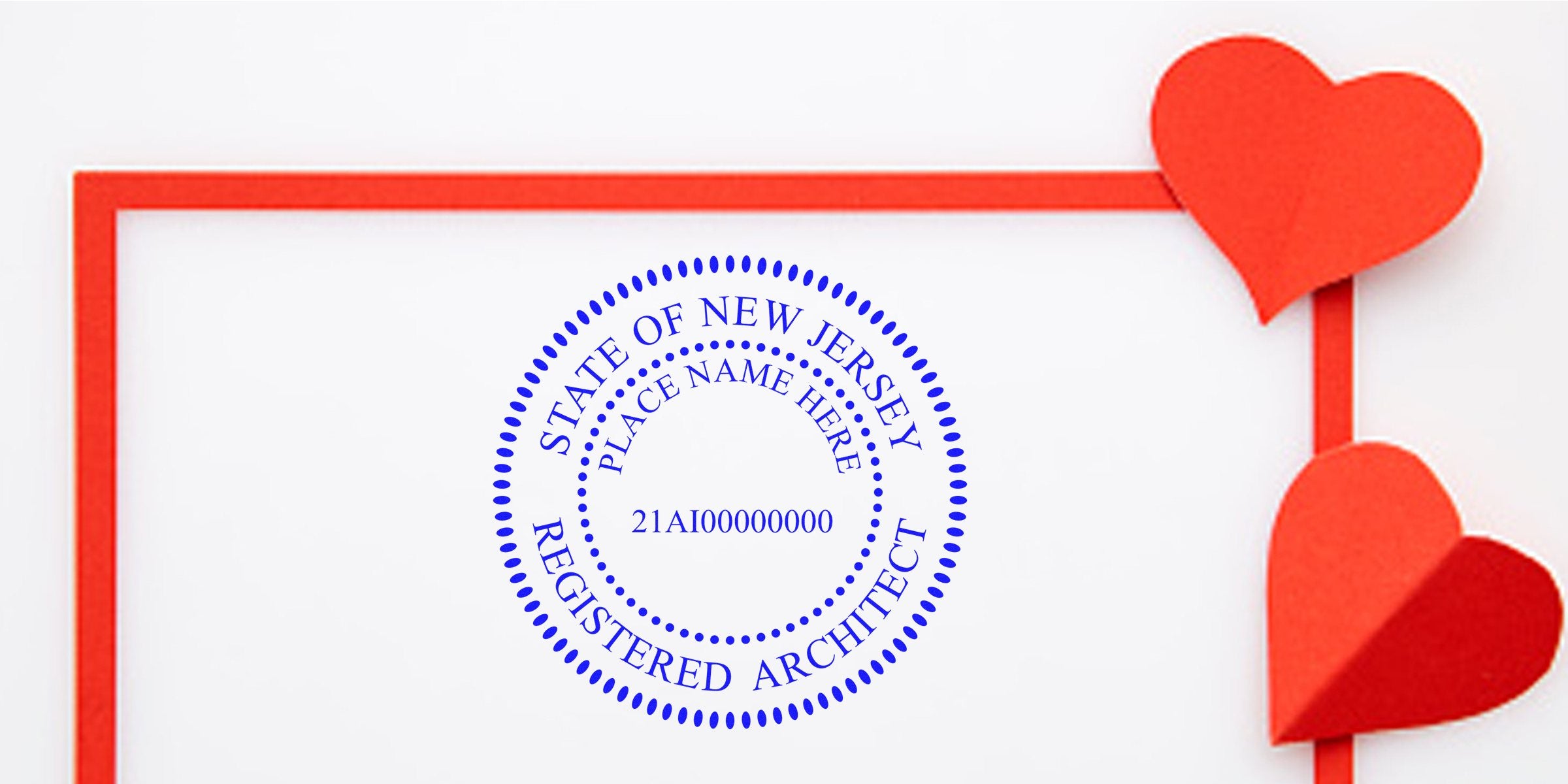 New Jersey architect seal with red heart design on white background, highlighting NJ architect stamp cost and pricing.