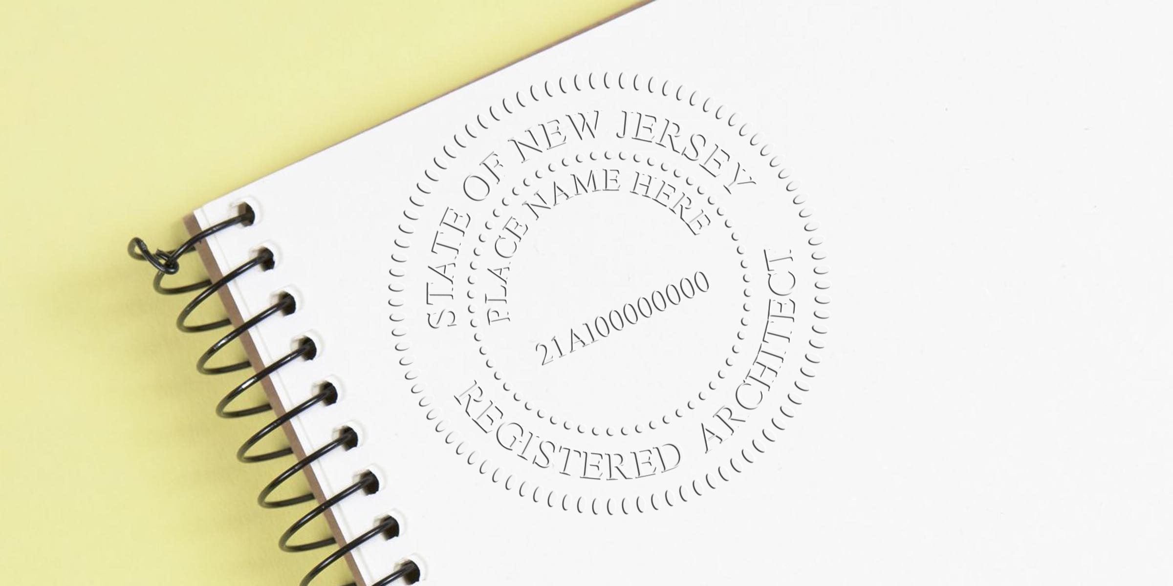 New Jersey architect stamps embossed on a white spiral notebook with a yellow background, showcasing custom architect seals.