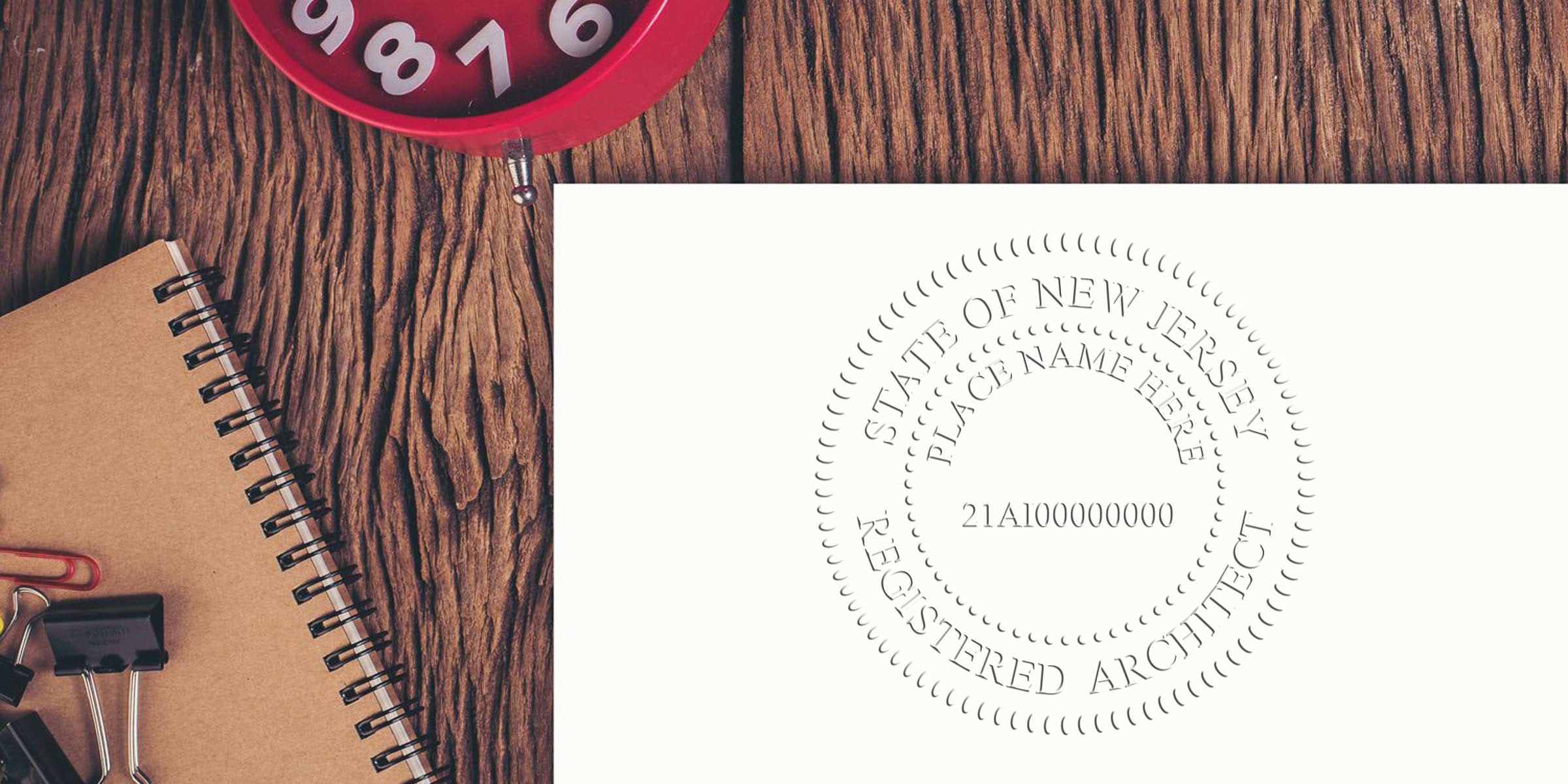 New Jersey architect stamp on wooden desk with notebook and red clock, showing NJ architect stamp requirements.