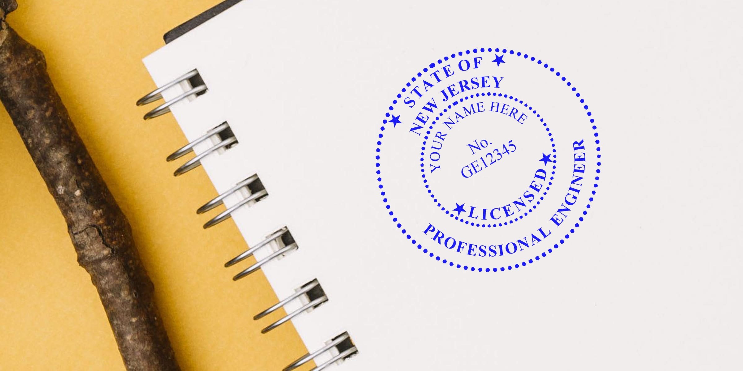 Custom engineer seals for New Jersey shown as a professional engineer license stamp on a notebook with a wooden stick background.