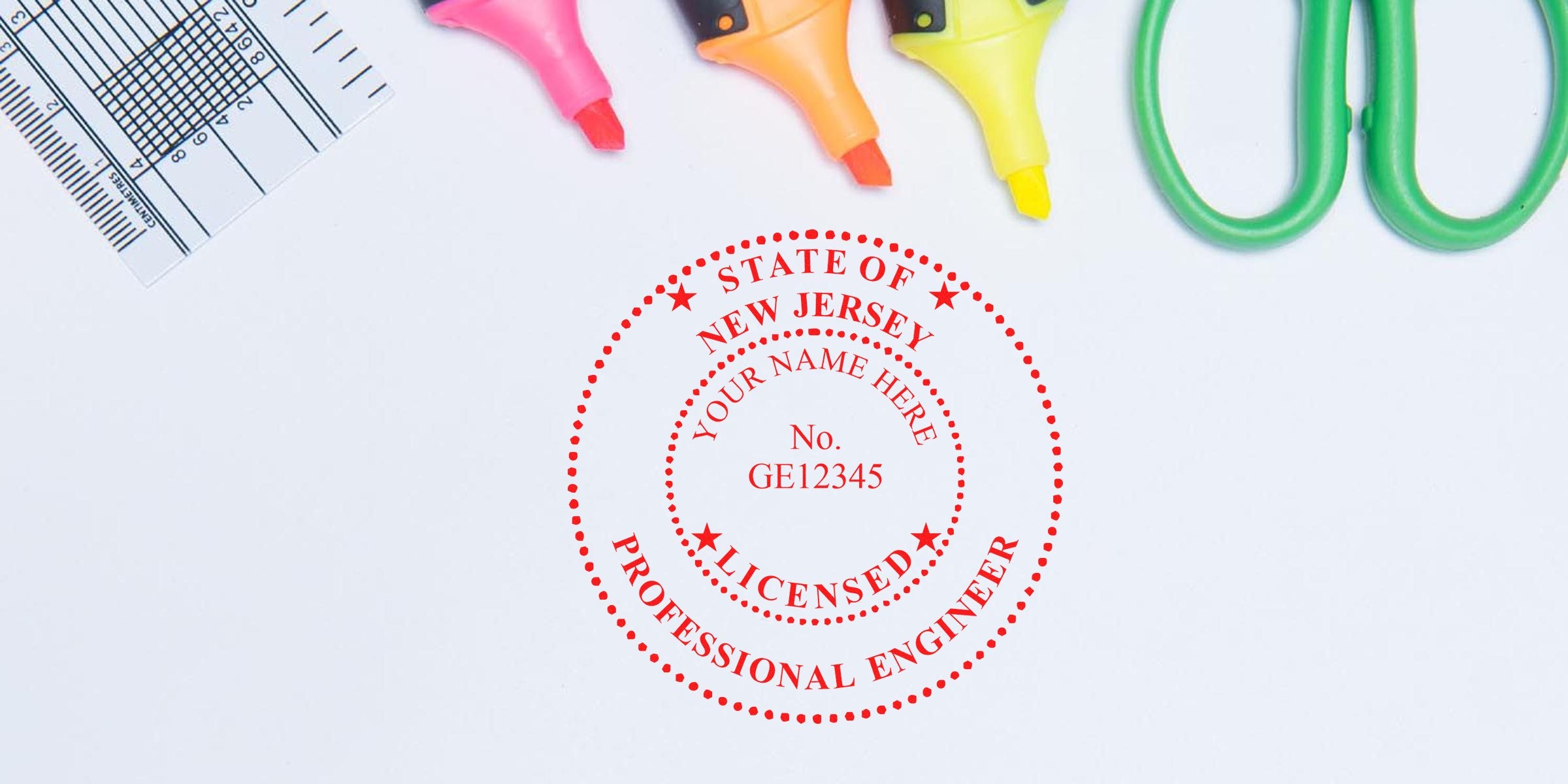 New Jersey PE seal with licensed engineer stamp NJ, drafting tools, and highlighters.
