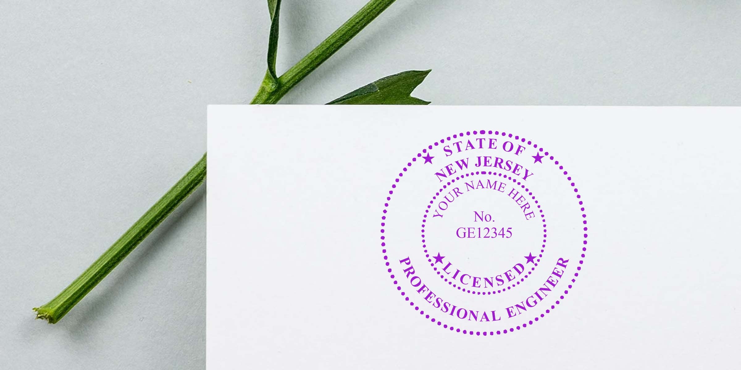 New Jersey Professional Engineer stamp on white paper with green leaf background, highlighting affordable NJ PE stamps.
