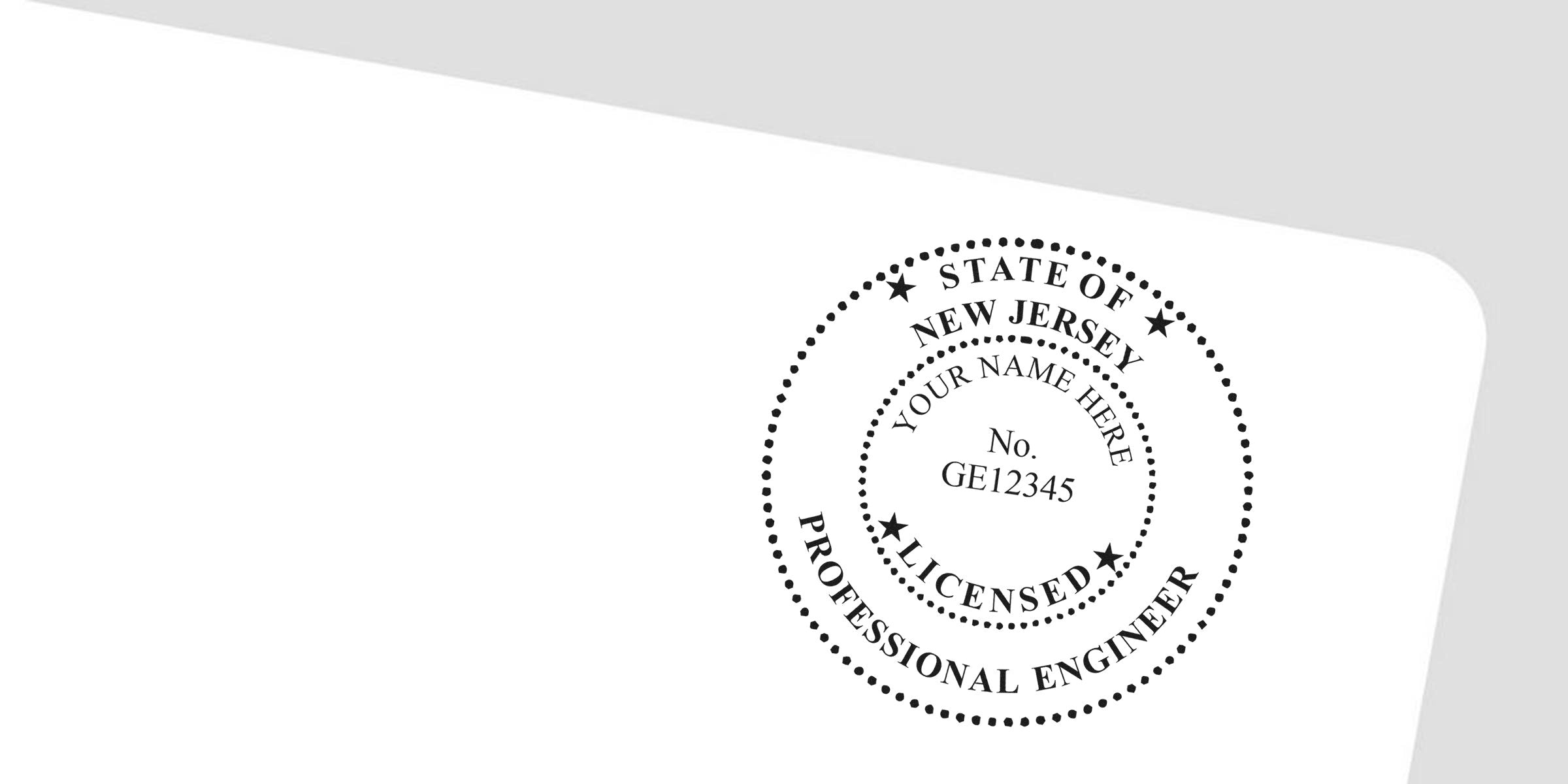 New Jersey licensed professional engineer stamp with license number GE12345 on white background, showing size compliant with NJ engineer seal regulations.
