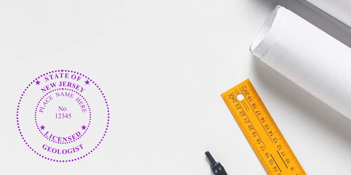 Creative New Jersey geologist stamp with architectural tools and blueprint on white background.
