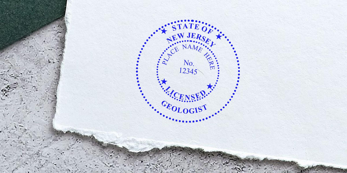 New Jersey geologist seal stamped on torn paper, displaying professional certification and seal design for geology services.