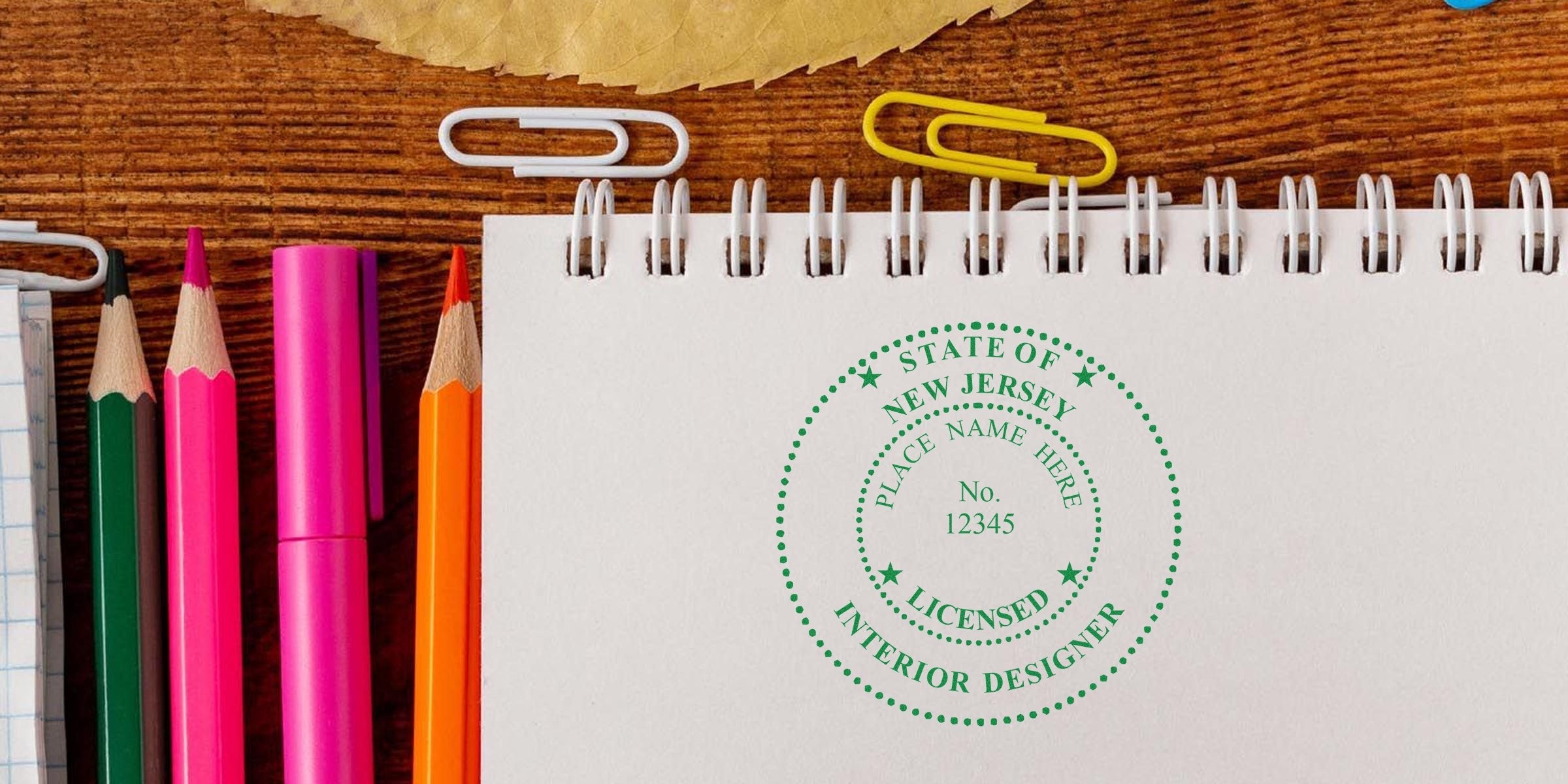 Affordable Interior Designer stamp on notebook with colored pencils and paper clips on wooden desk, symbolizing New Jersey Interior Design services.