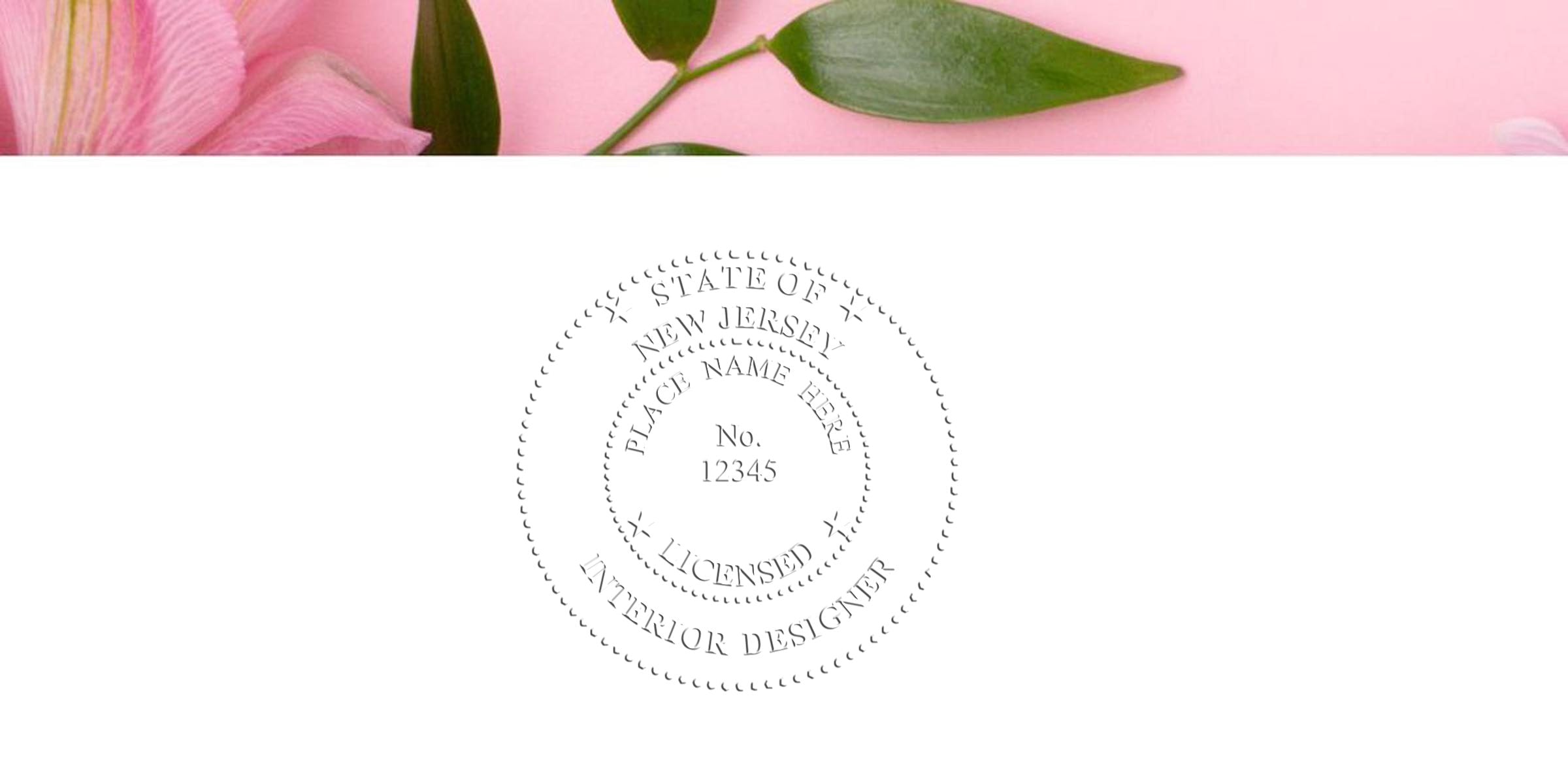 New Jersey interior designer stamp with a licensed seal, decorated with pink flowers and green leaves on a pink background.