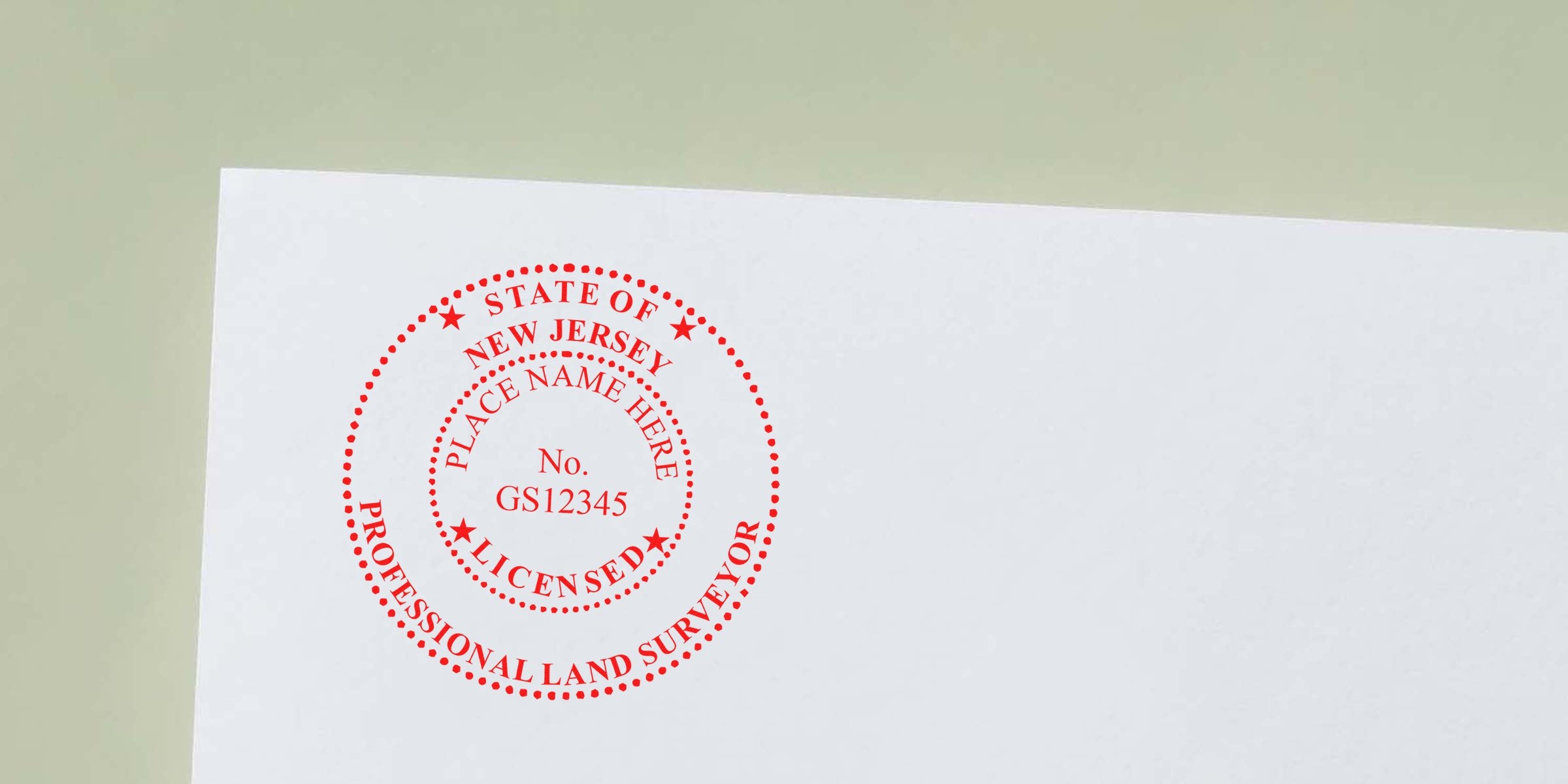 New Jersey land surveyor red seal stamp on white paper showing NJ land surveyor certification.