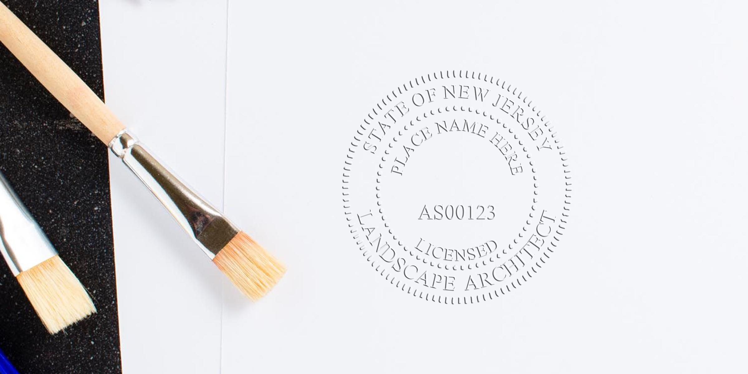 New Jersey landscape architect seal embossed on white paper with paintbrushes, highlighting landscape architect embosser choice.