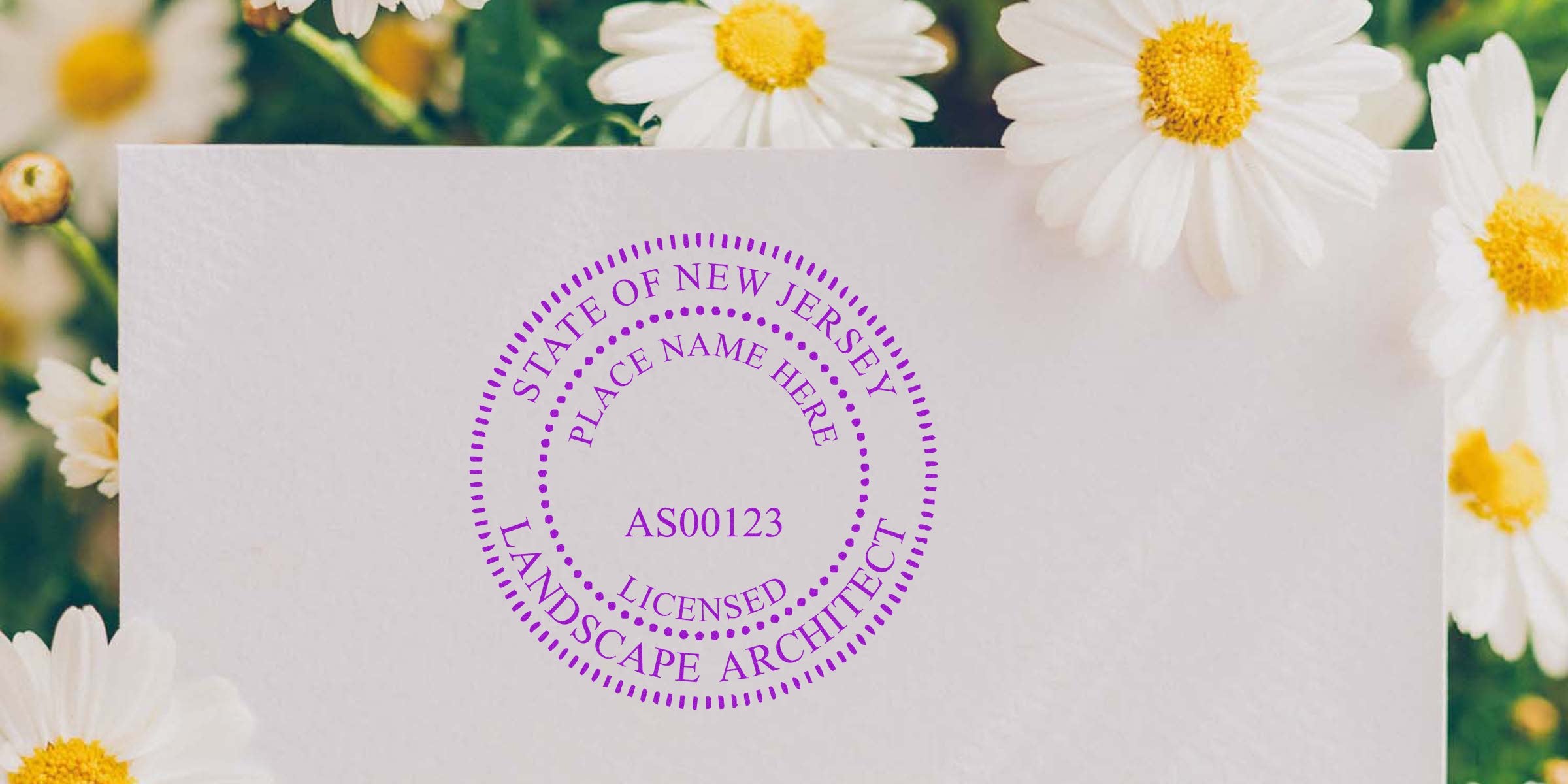 Licensed NJ landscape architect seal on white paper with daisies background, highlighting best practices in landscape architect seal design.