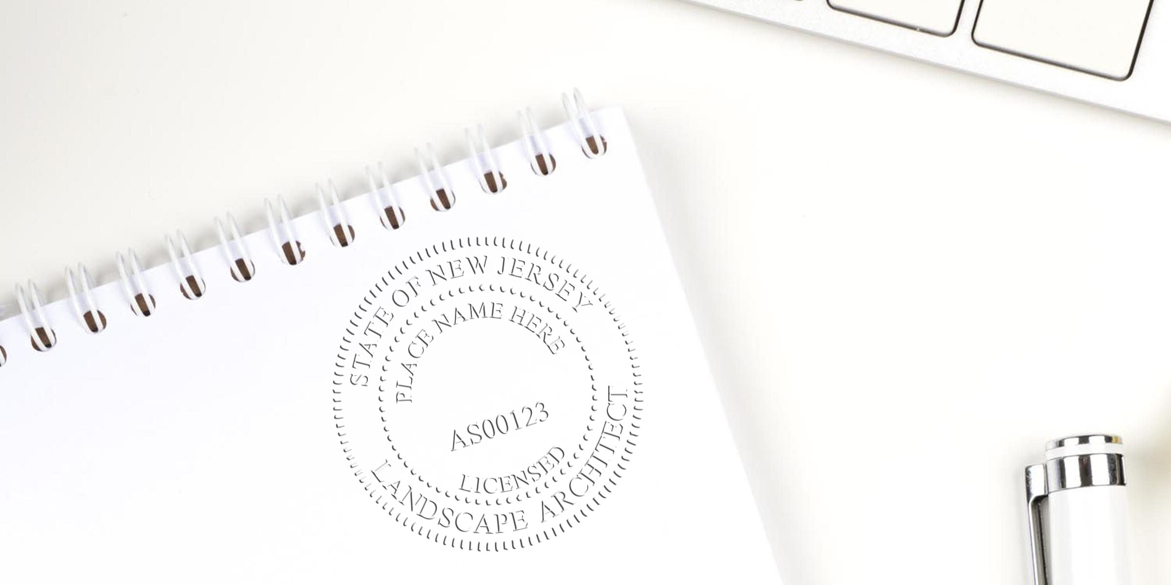 Licensed NJ landscape architect stamp on white spiral notebook with pen and keyboard, highlighting Landscape Architect Licensing and NJ regulations.