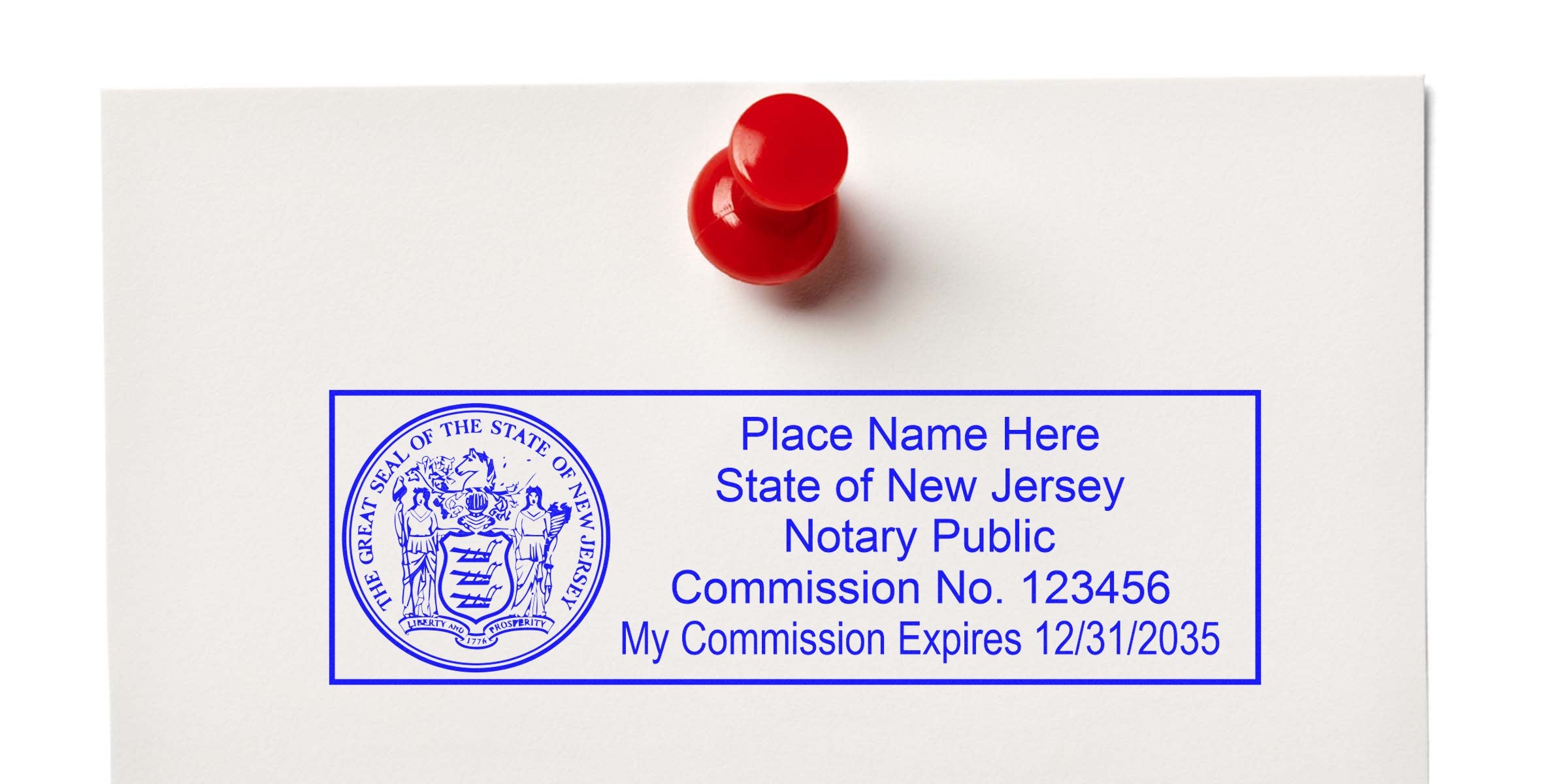 New Jersey notary stamp with commission number and expiration date on white paper, available online.