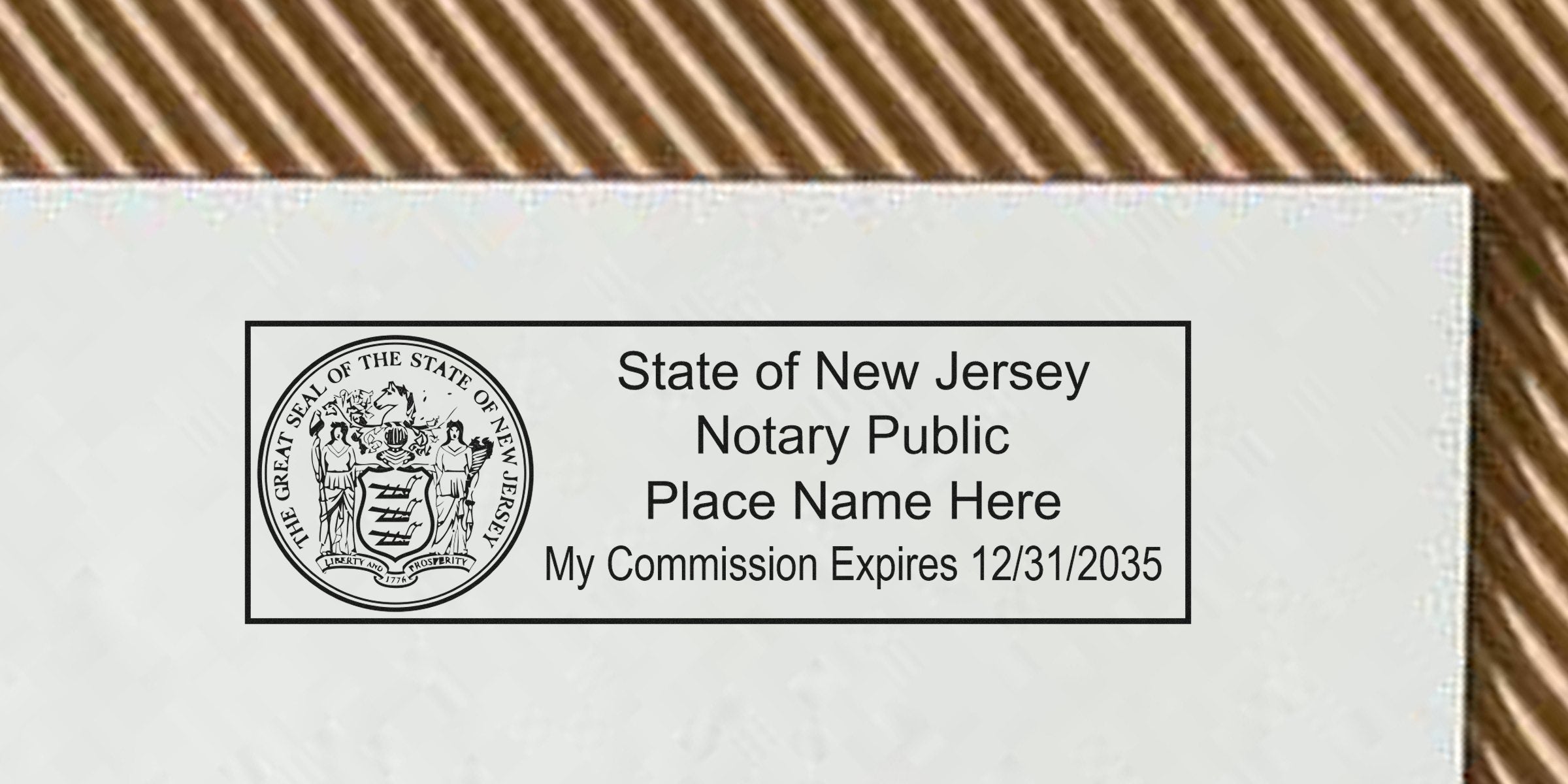 New Jersey notary public commission certificate with state seal, expiration date, NJ notary stamp, and notary seal.