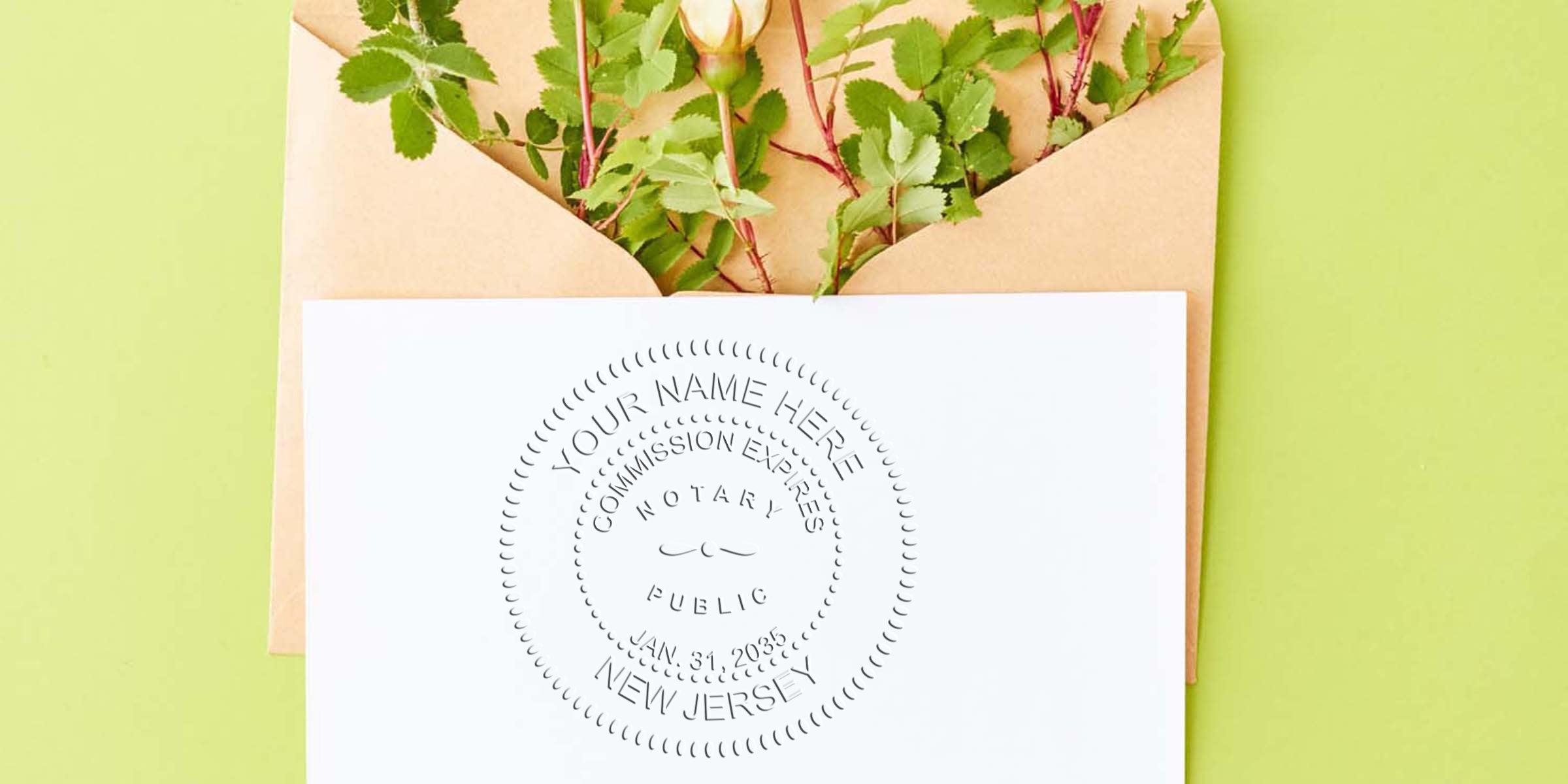 New Jersey notary seals on white paper with brown envelope and green leaves, showcasing notary public seal services.