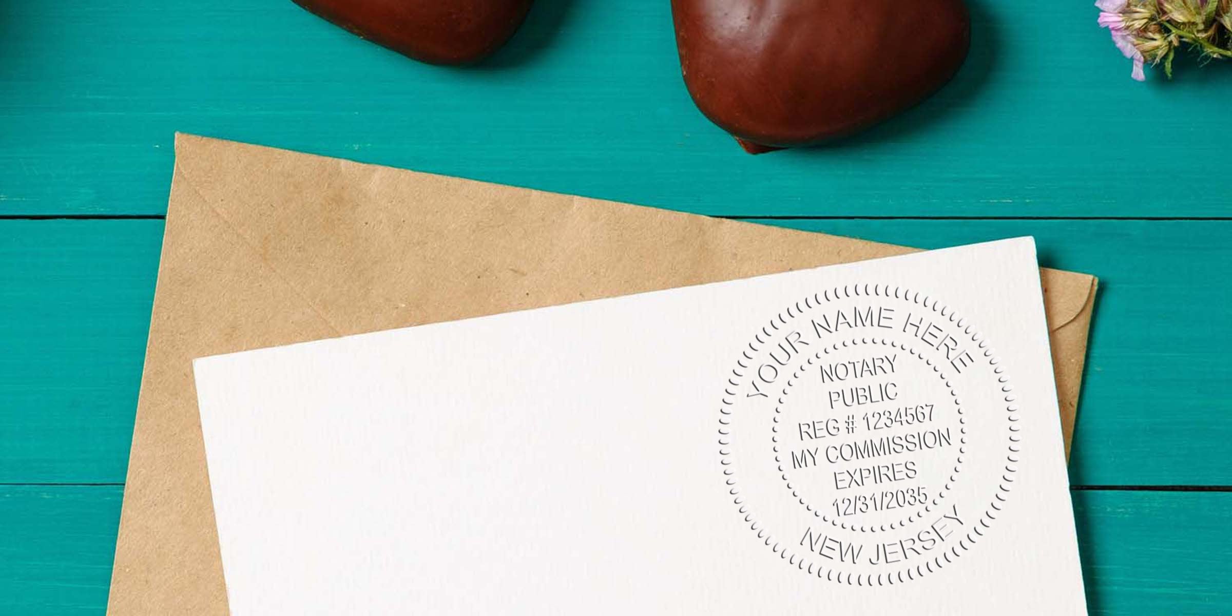 Embossed New Jersey notary seal on white paper with brown envelope on teal wooden background, meeting NJ notary seal requirements.