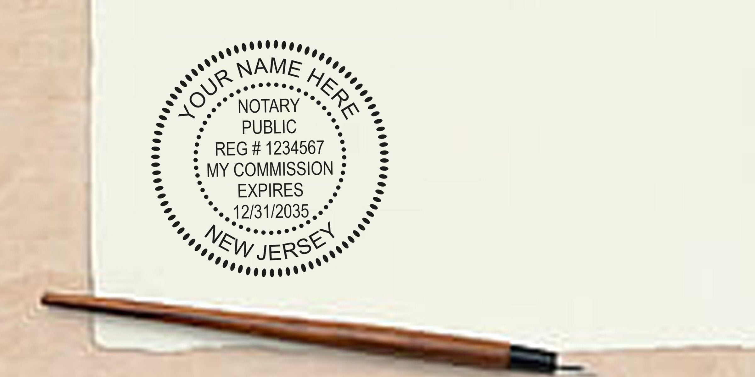 Durable Custom New Jersey Notary Seals with commission expiration date on official documents, shown with a pen.