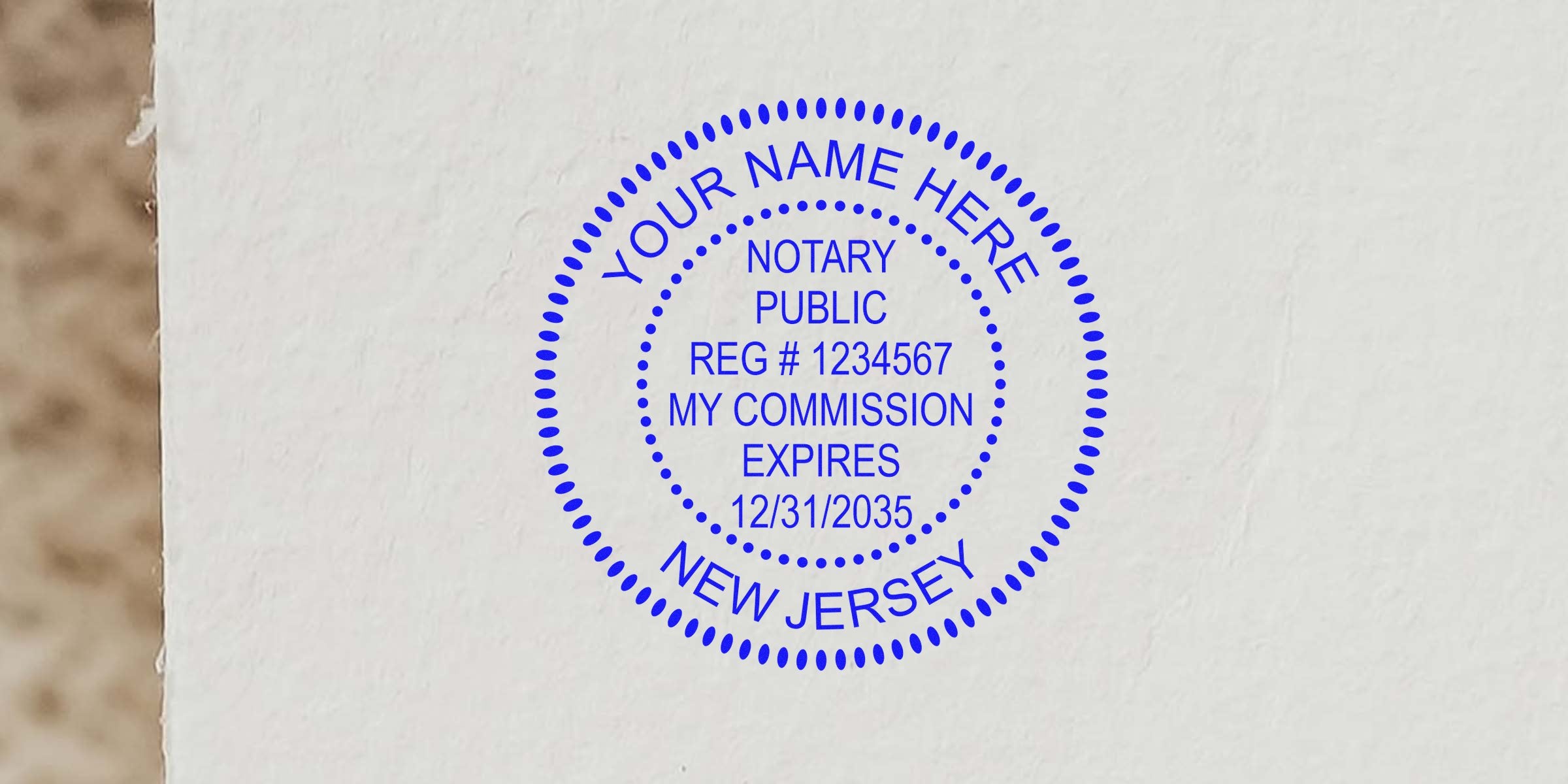 Customizable New Jersey notary stamp with commission expiration date and registration number on white paper, ideal for aspiring NJ notaries.