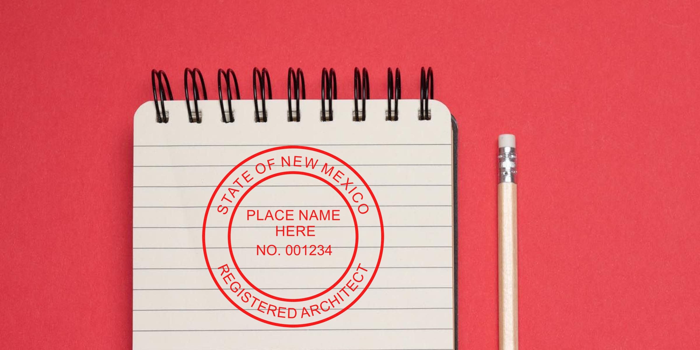 Notepad with New Mexico architect stamp and pencil on red background, showing the architect stamp order process.