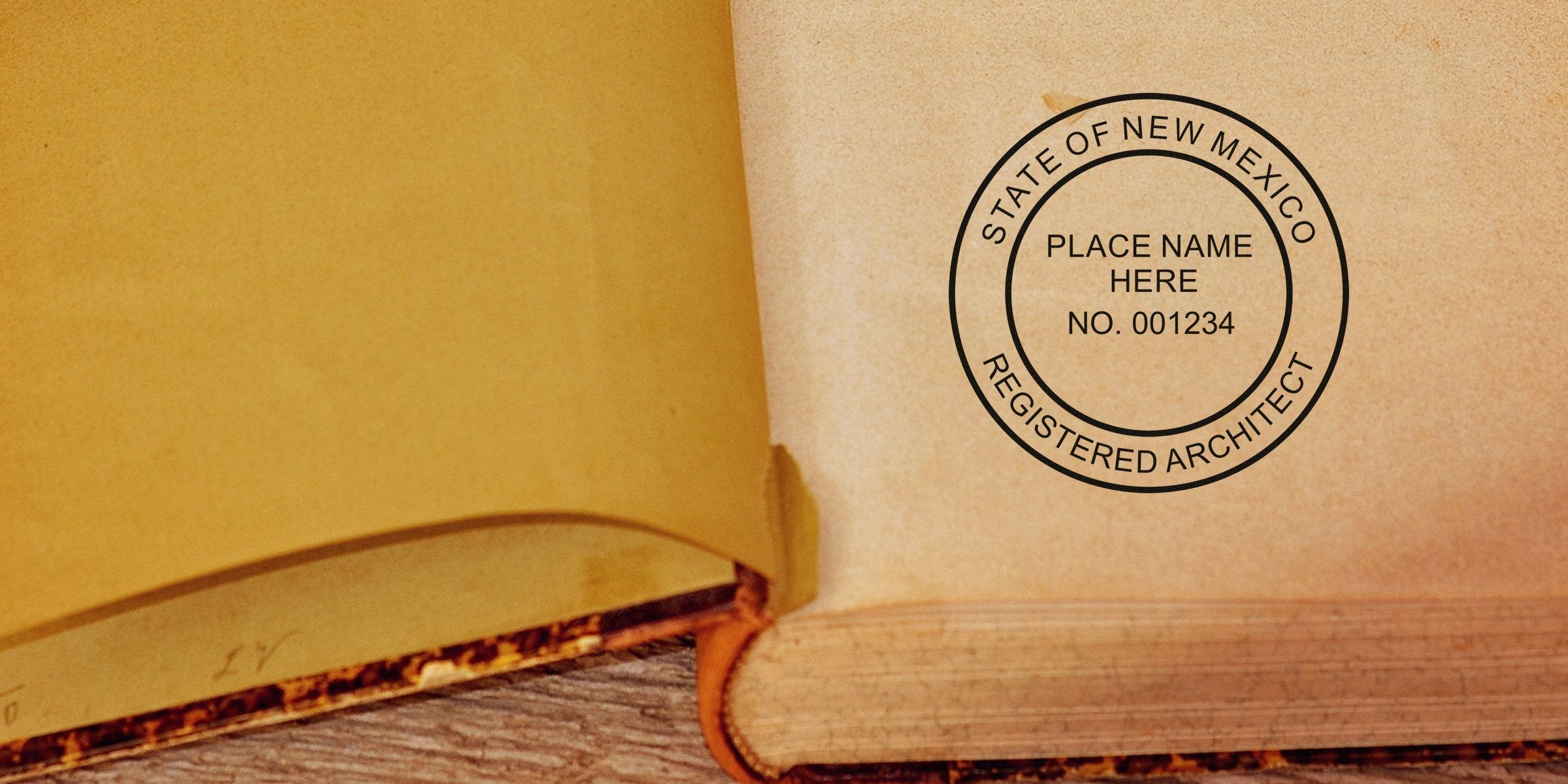State of New Mexico architect seal on an open vintage book with wooden background, highlighting NM architect seal regulations and guidelines.