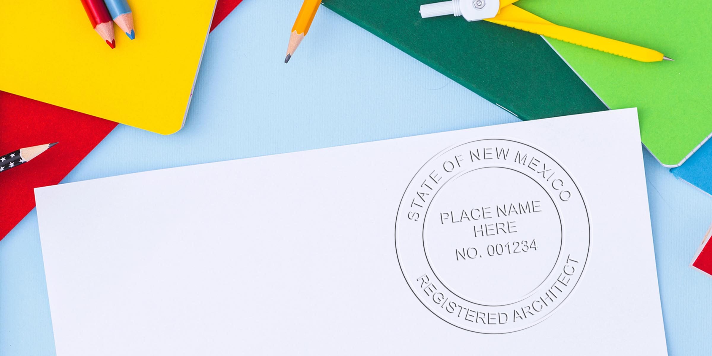 New Mexico architect seal on white paper, surrounded by colorful notebooks and pencils, showing NM architect stamp size and certification requirements for registration.