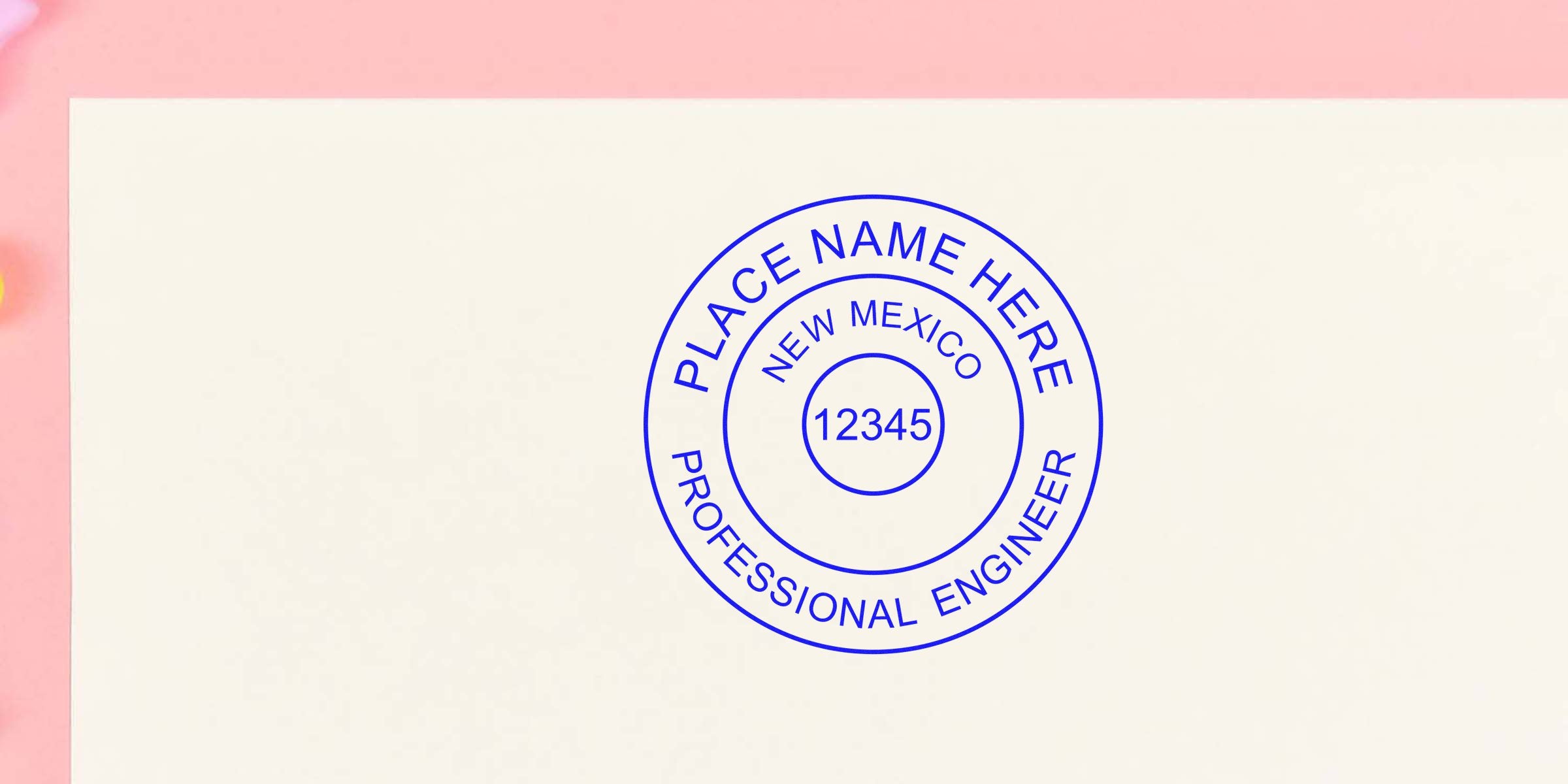 New Mexico PE Stamp with license number on white paper showcasing Online PE Stamp benefits.