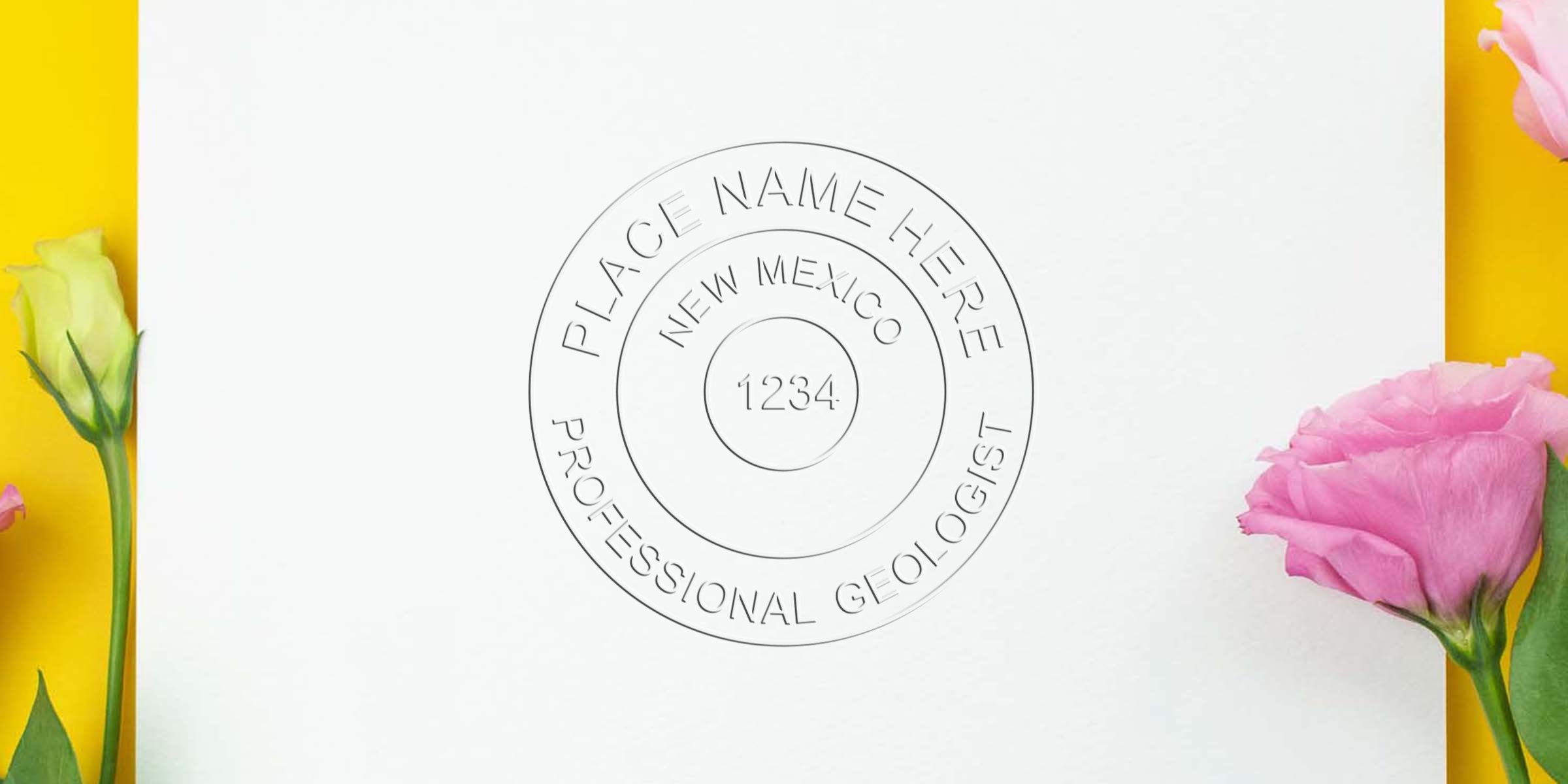 New Mexico Geologist Seal on white paper, surrounded by flowers, set against a yellow background, emphasizing Geologist Career Essentials.