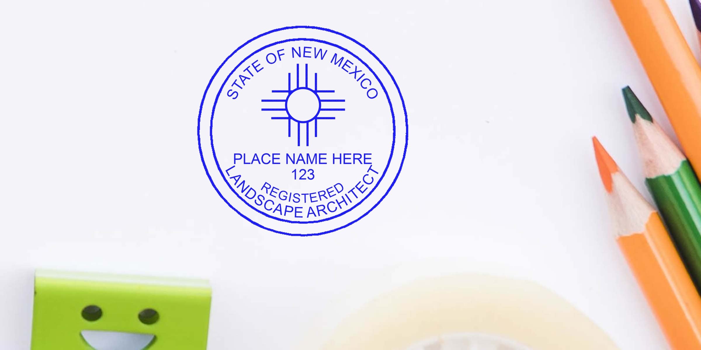 New Mexico landscape architect seal with colored pencils and stationery on white background, symbolizing selection of a landscape architect seal.