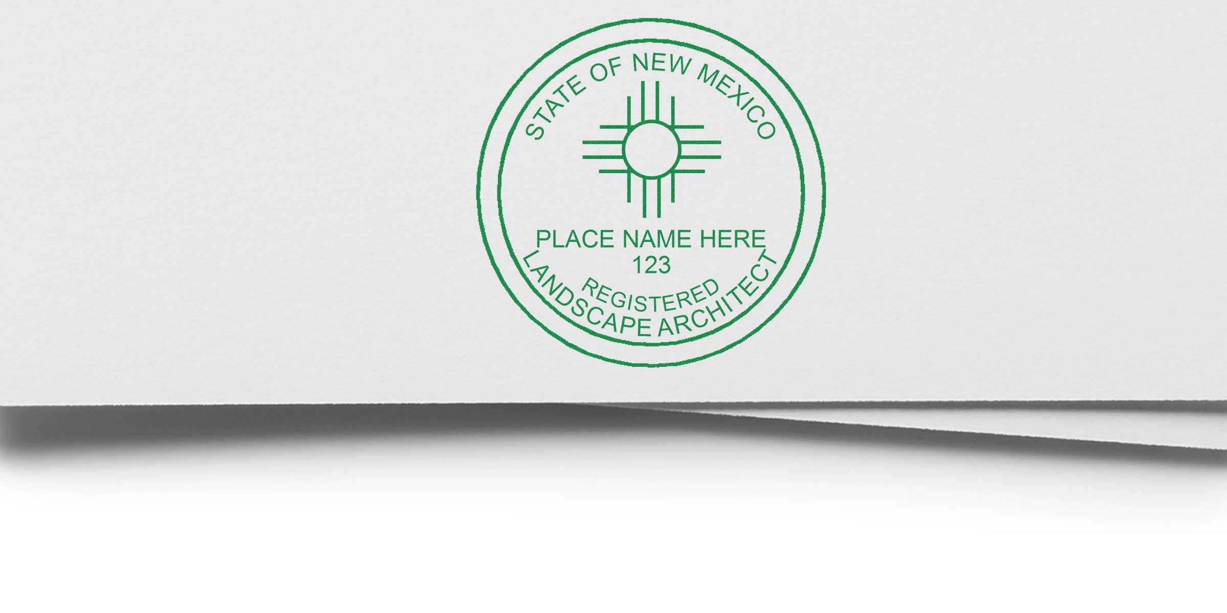 New Mexico landscape architect seal with place name and license number on white paper, representing NM landscape architect licensing.