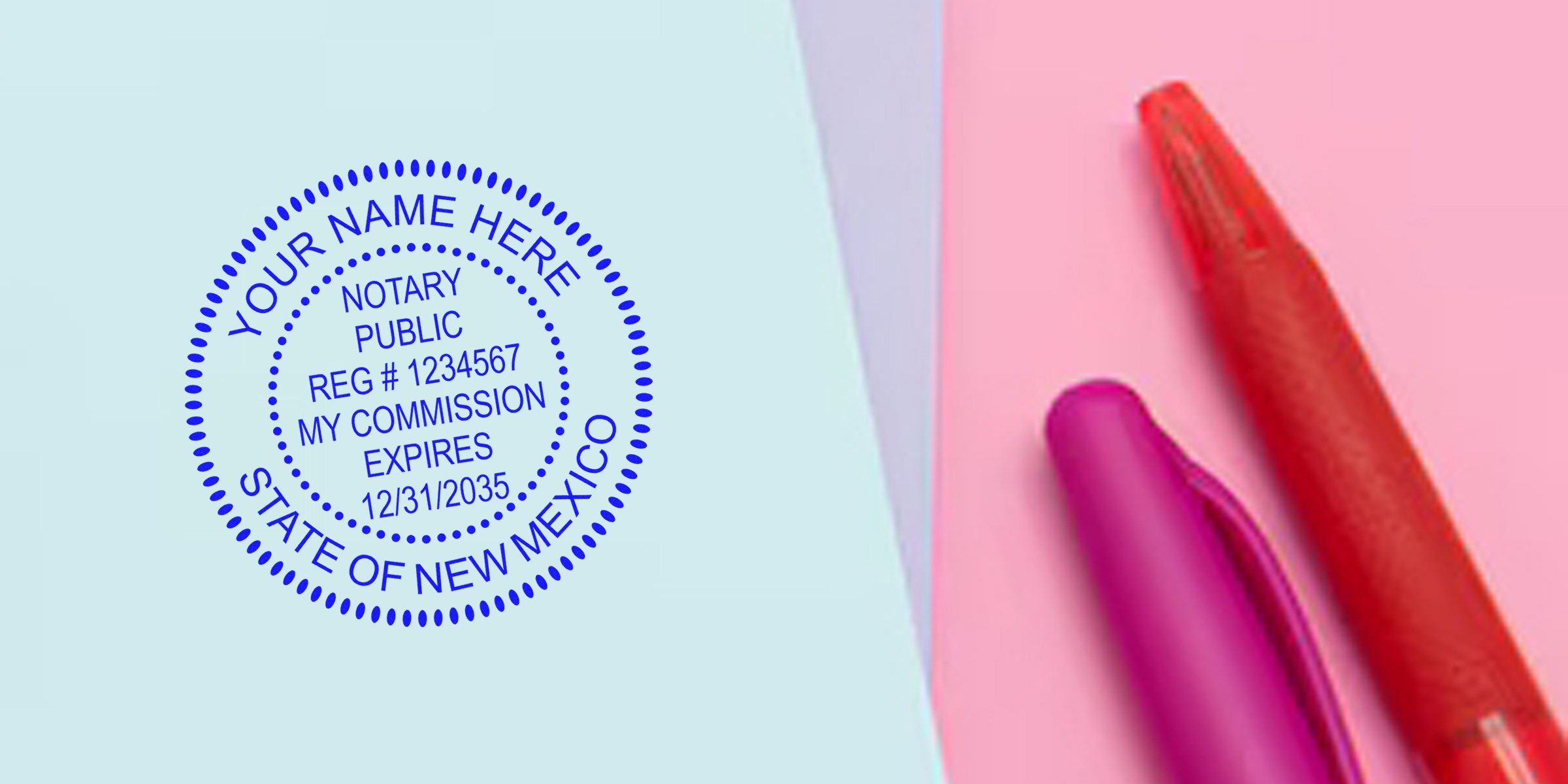 Custom New Mexico notary seal stamp with red and purple pens on a pastel background, crafted per notary seal guidelines.