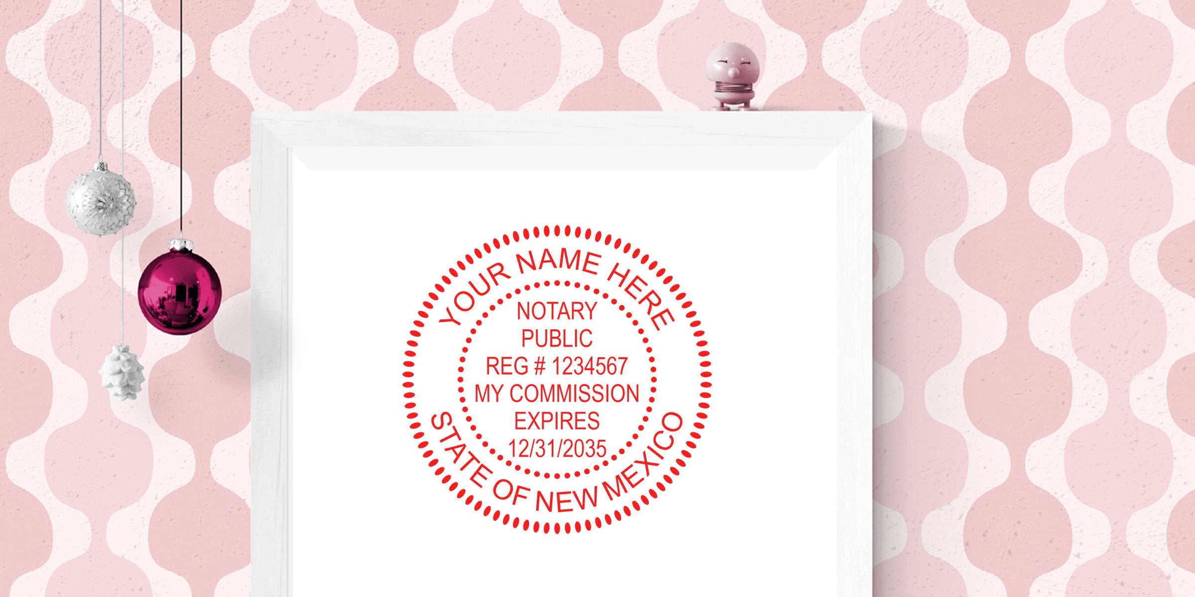 Custom New Mexico notary stamp in red with commission expiration date, shown in white frame on pink patterned background, displaying a New Mexico notary stamp sample.