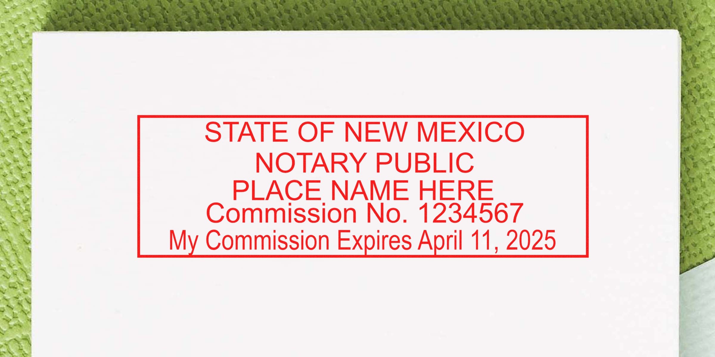 New Mexico notary public stamp with commission number and seal expiration date on white paper, essential for NM notary seal renewal.