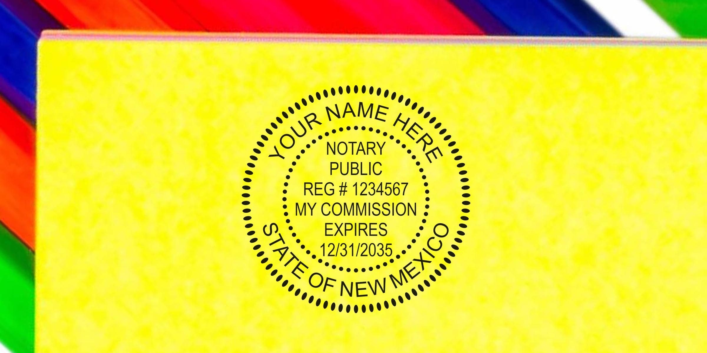 Custom New Mexico notary stamp with commission expiration date on yellow background, included in a New Mexico notary kit for easy notarizing.