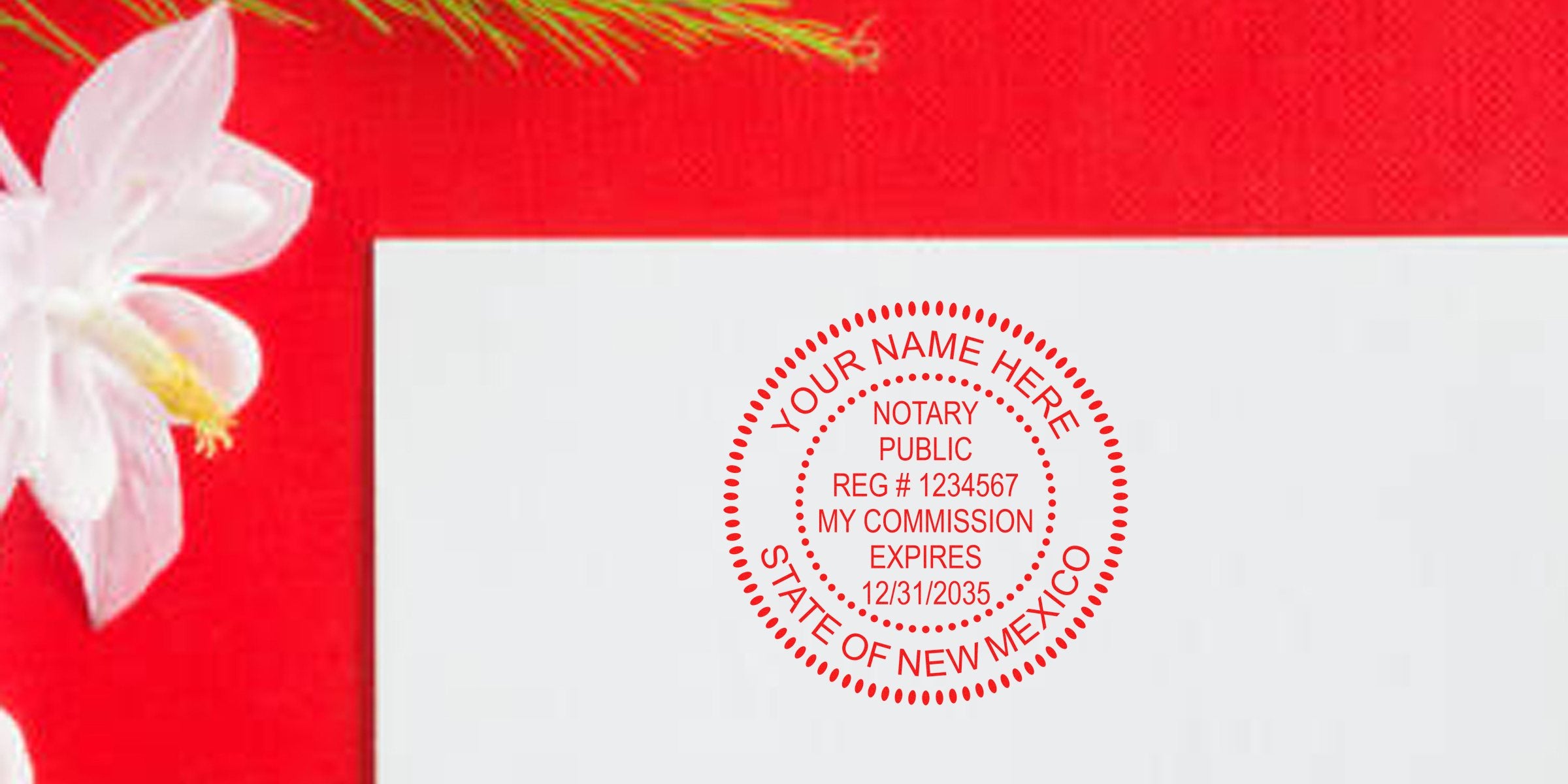 New Mexico notary seals on white paper with a red background and white flower, representing notary services in the New Mexico notary public guide.