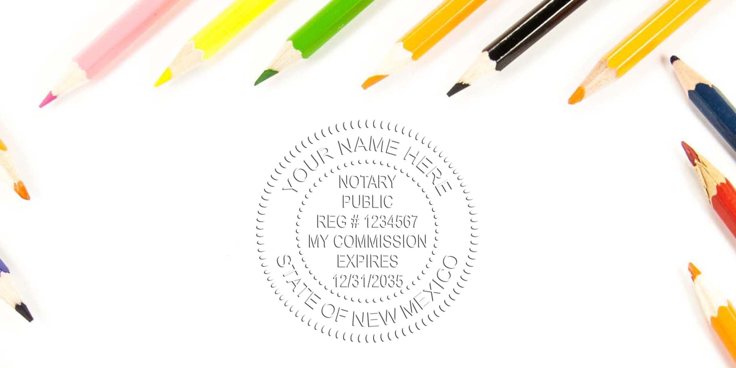 New Mexico notary commission seal and official stamp with colored pencils on white background, highlighting key New Mexico notary supplies and essentials.