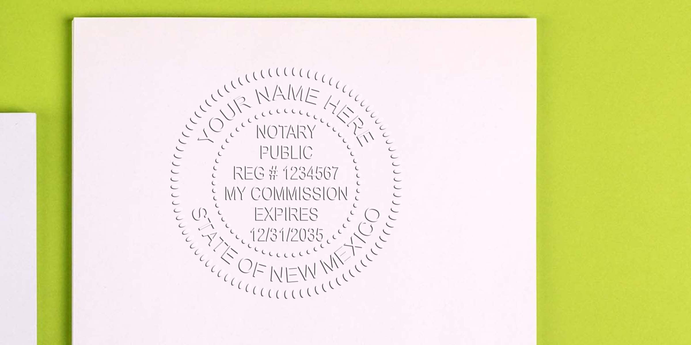 New Mexico notary seal embossed on white paper with commission expiration date, symbolizing a secure notary seal investment.