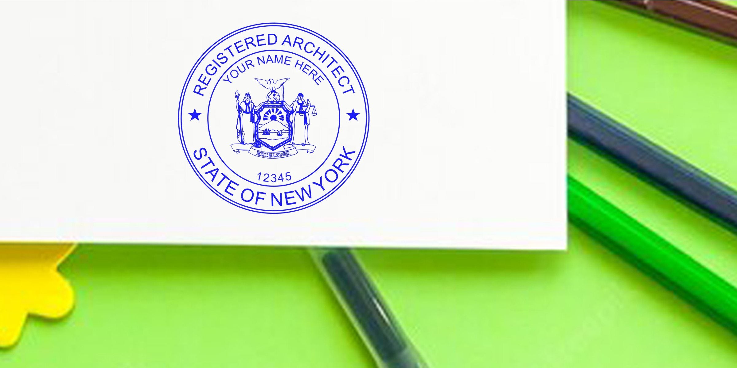New York architect stamp on white paper with green and yellow background, showing a registered architect seal and embosser tool for license verification.