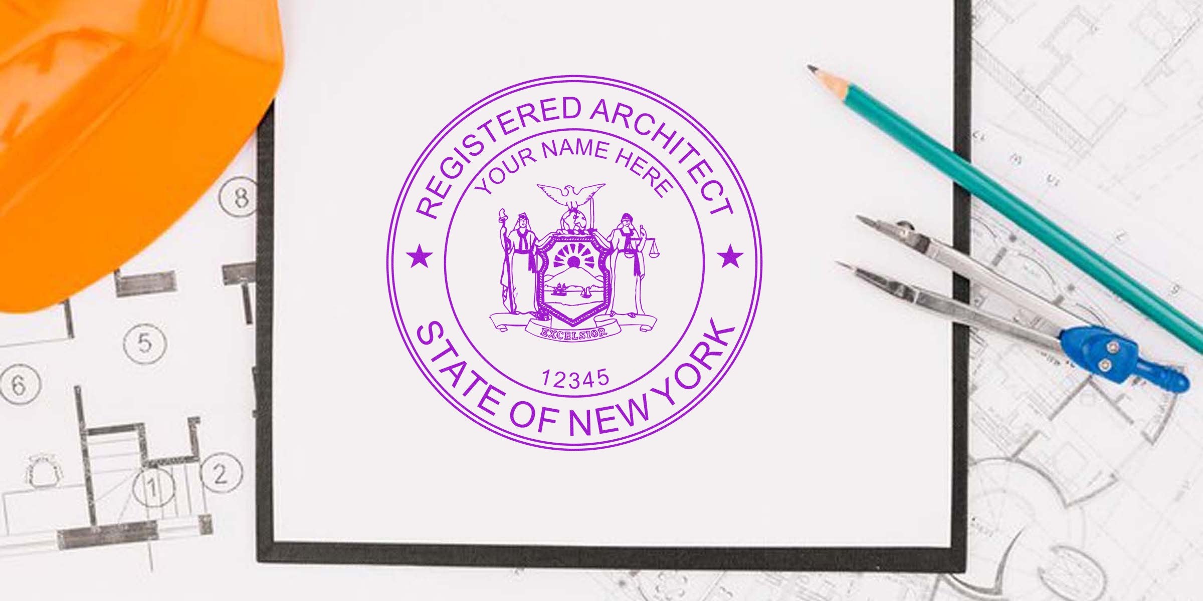 New York architect stamp on blueprint with orange helmet and tools, symbolizing architect license renewal and online stamp.