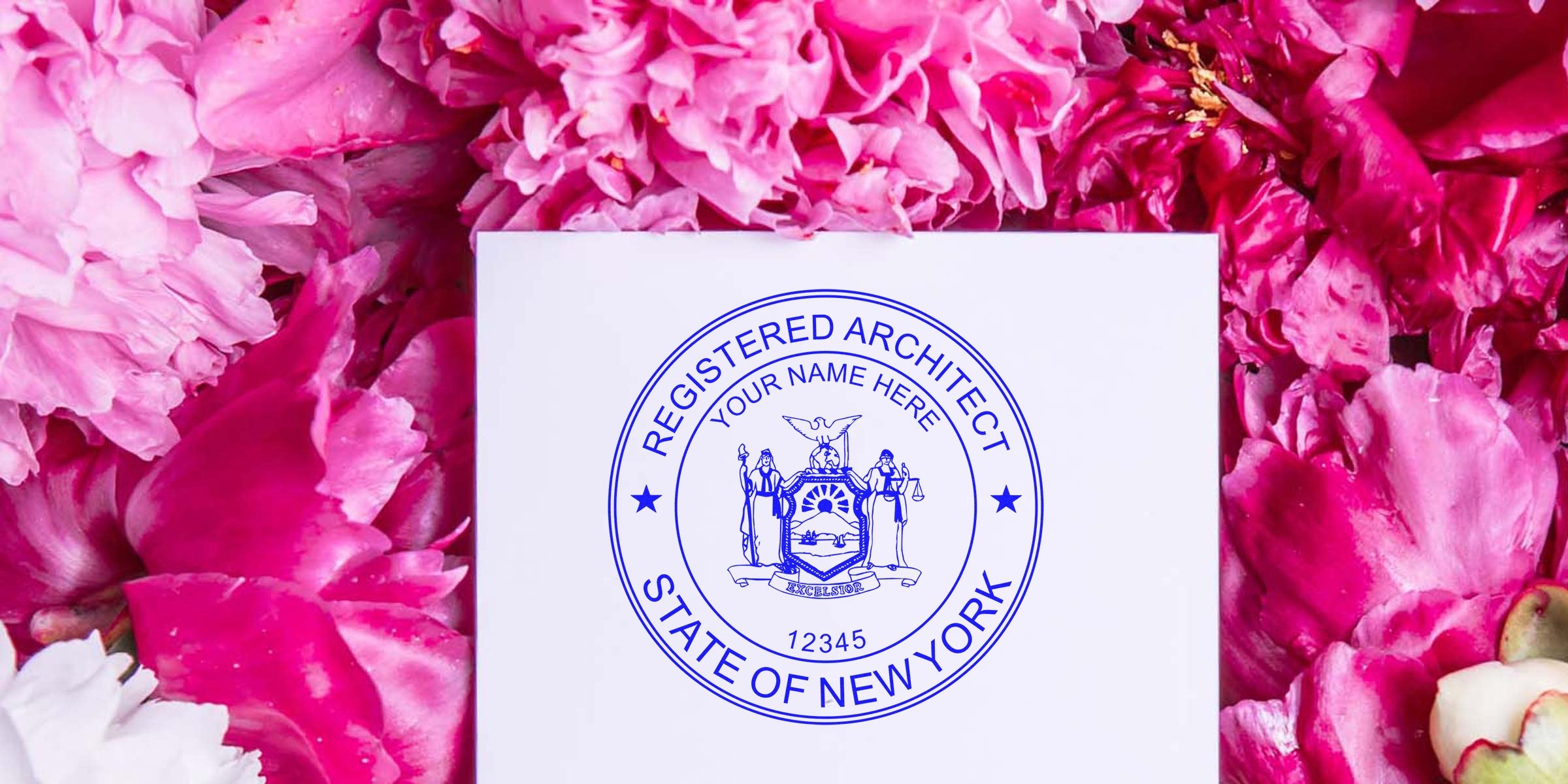 New York architect seal design with a registered architect seal encircled by pink flowers for professional certification.