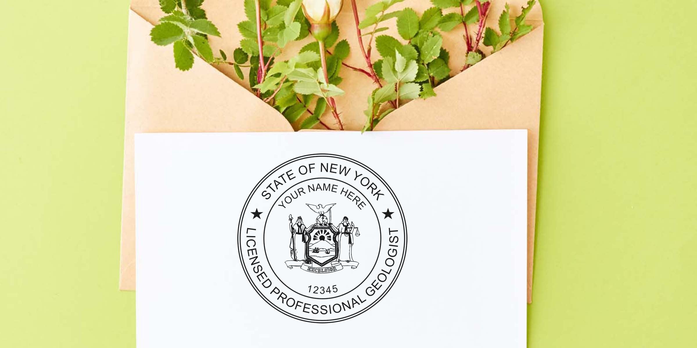 New York licensed geologist seal on white paper with green leaves and brown envelope, featuring Geologist Stamp New York from the Essential Geologist Stamp Guide.
