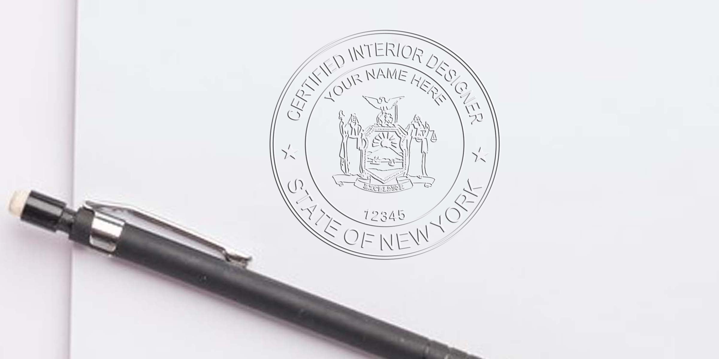 Certified Interior Designer Seal New York embossed on white paper with black pen, showing the official state certification stamp for interior design license, highlighting the advantages of the Interior Designer Seal.