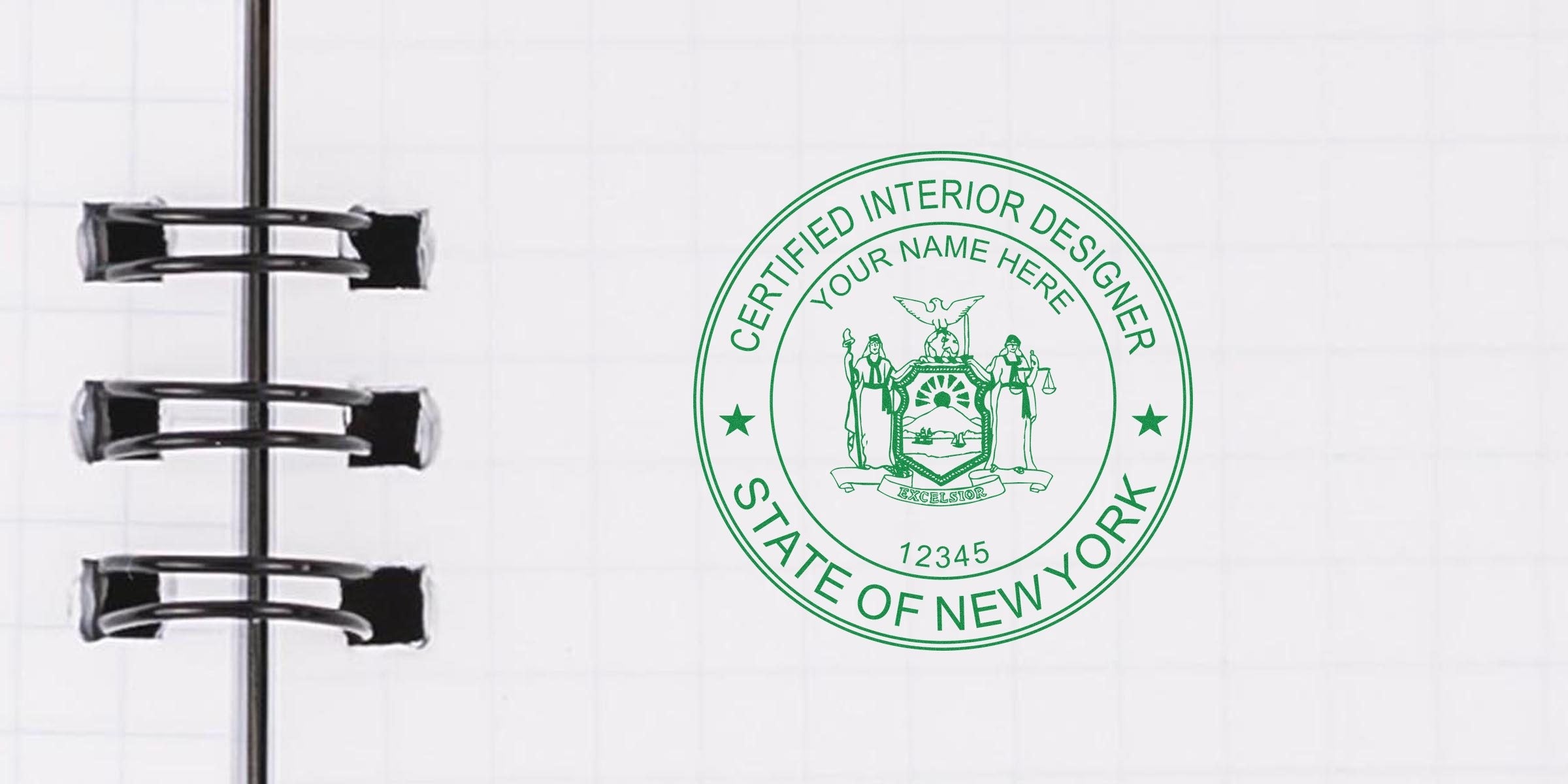 High-quality Interior Designer NYC certified seal on a white notebook page with metal rings, symbolizing Interior Design Certification in New York.