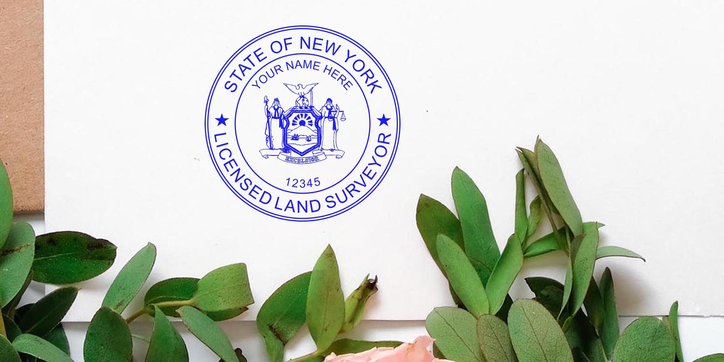 New York land surveyor stamp with licensed seal on white paper, adorned with green leaves and a pink flower, displaying a detailed surveyor design.