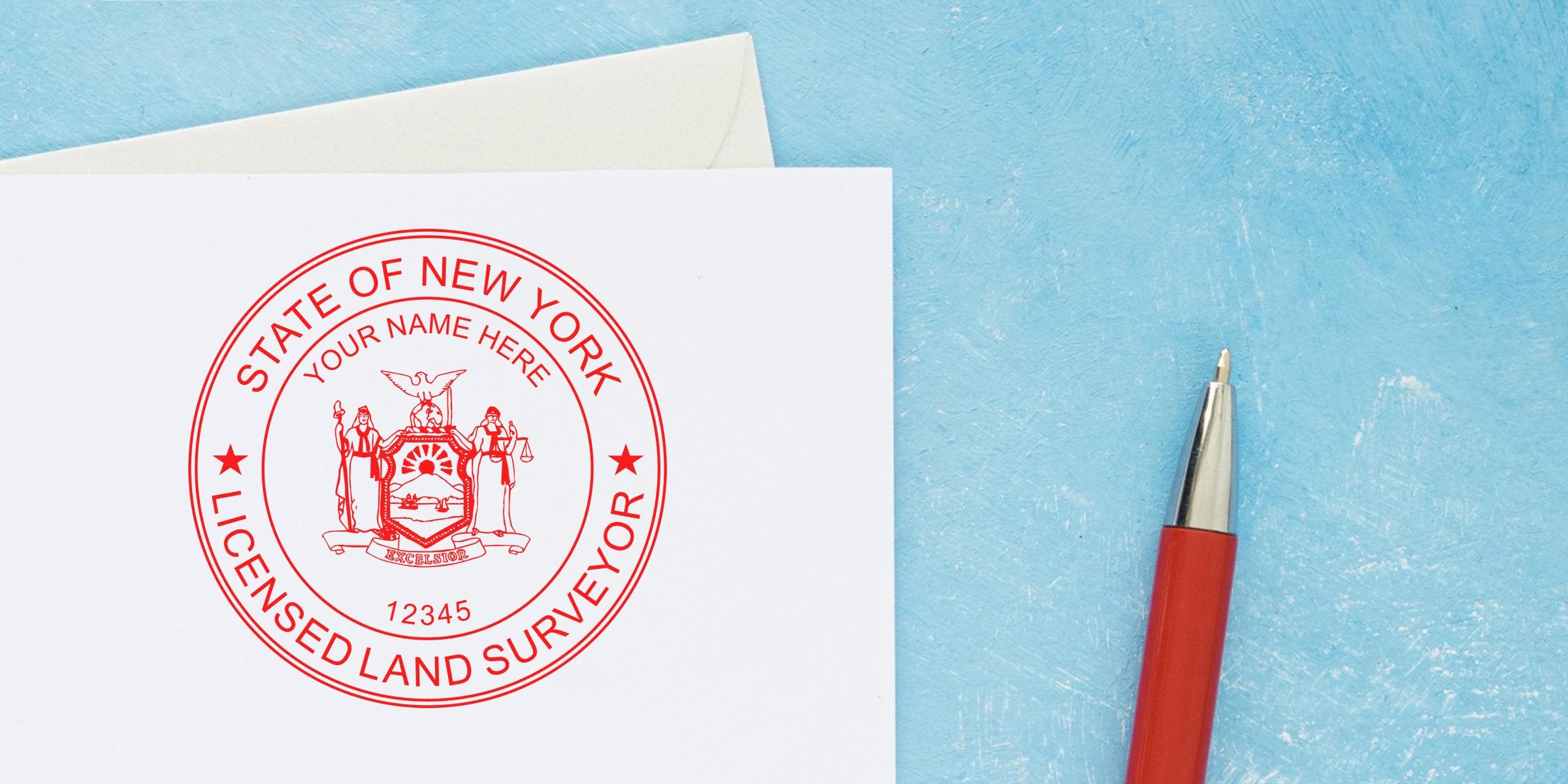 New York land surveyor stamp on white paper with red pen, set against a blue background, showcasing a custom surveyor stamp design.