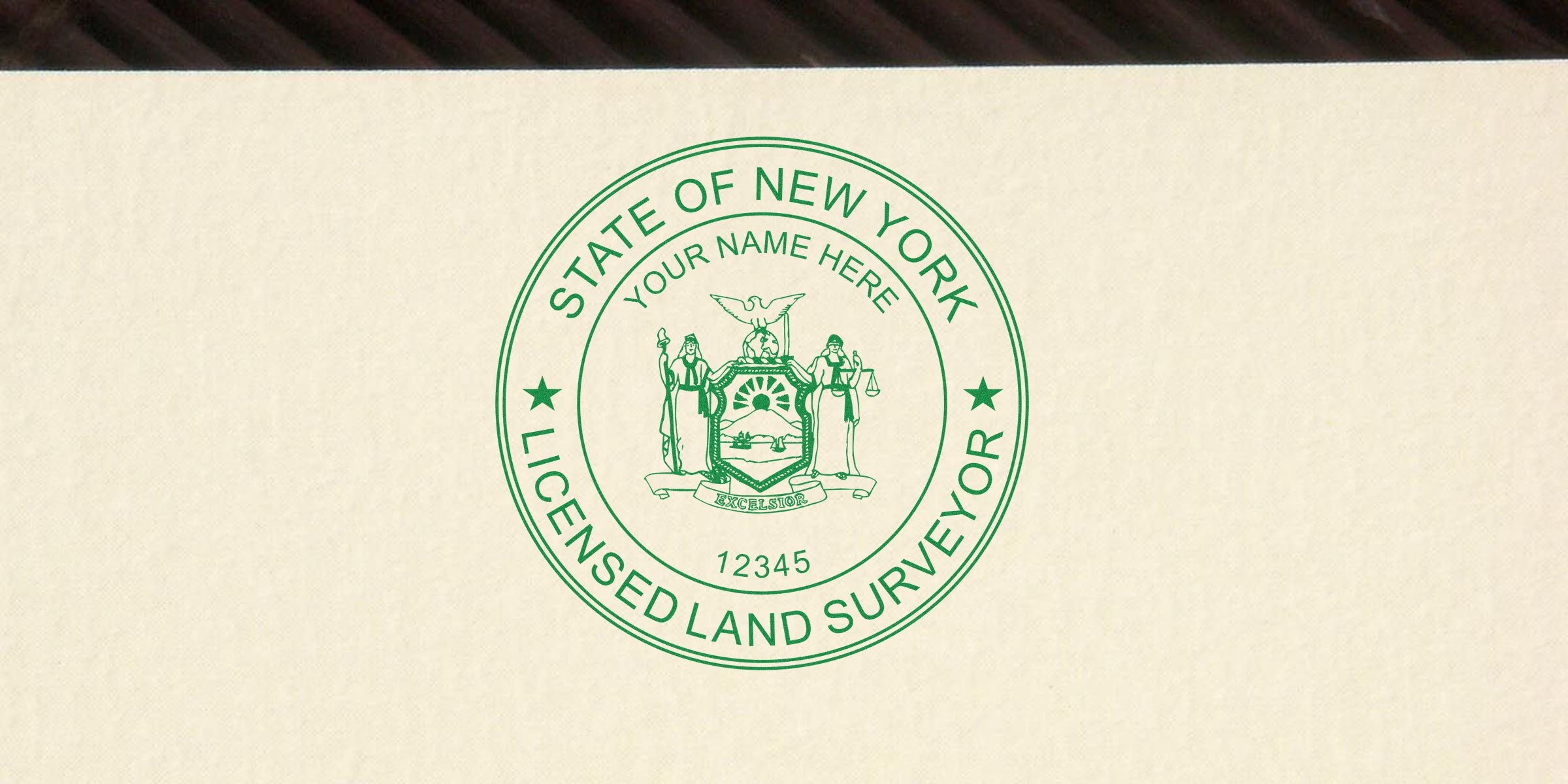 New York land surveyor stamp with State of New York licensed seal, customizable name and license number, perfect for online use.