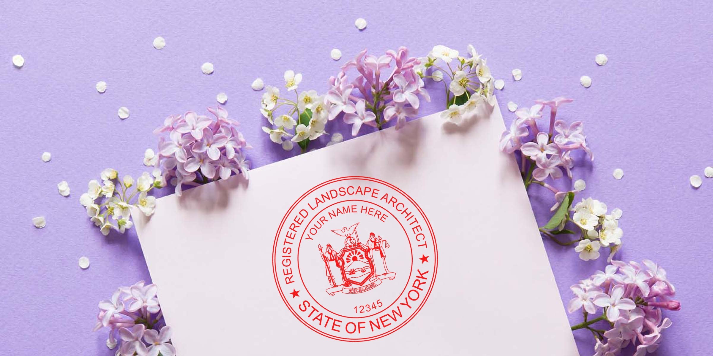 Registered New York landscape architect seal on paper, surrounded by lilac flowers against a purple background, displaying examples of landscape architect seals.
