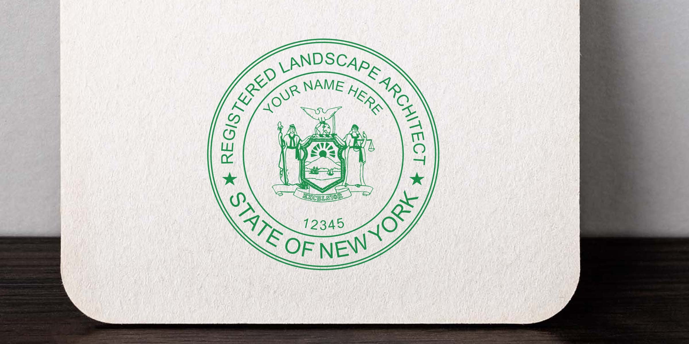 New York landscape architect seal embossed on textured paper, official embosser stamp for certification and license verification.