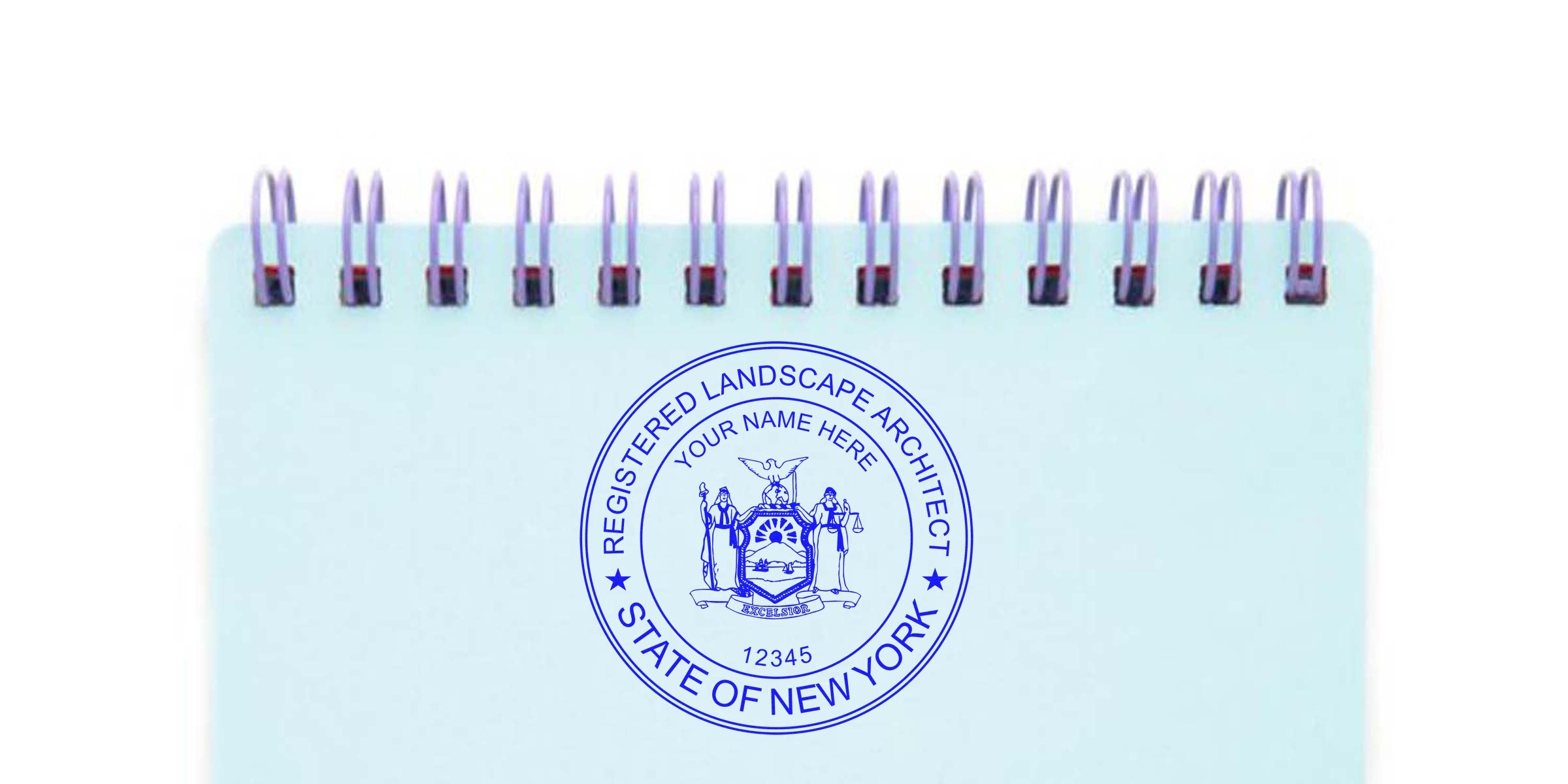 New York landscape architect seal on spiral notebook, highlighting guidelines and stamp requirements for professional certification.
