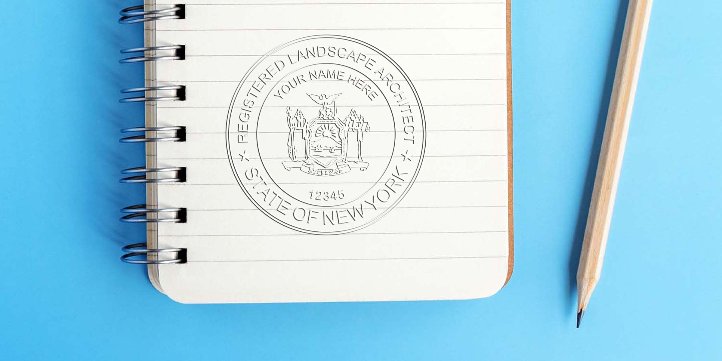 Registered Landscape Architect seal on notebook with pencil, displaying New York license verification details on a blue background.